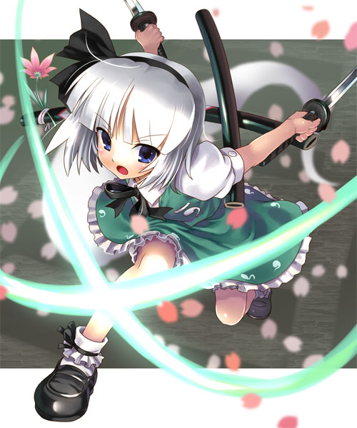 katahira masashi, konpaku youmu, konpaku youmu (ghost), touhou, silver hair, 1girl, blue eyes, blush, bobby socks, dual wielding, female focus, full body, hitodama, holding, katana, short hair, slashing, socks, solo, sword, weapon
