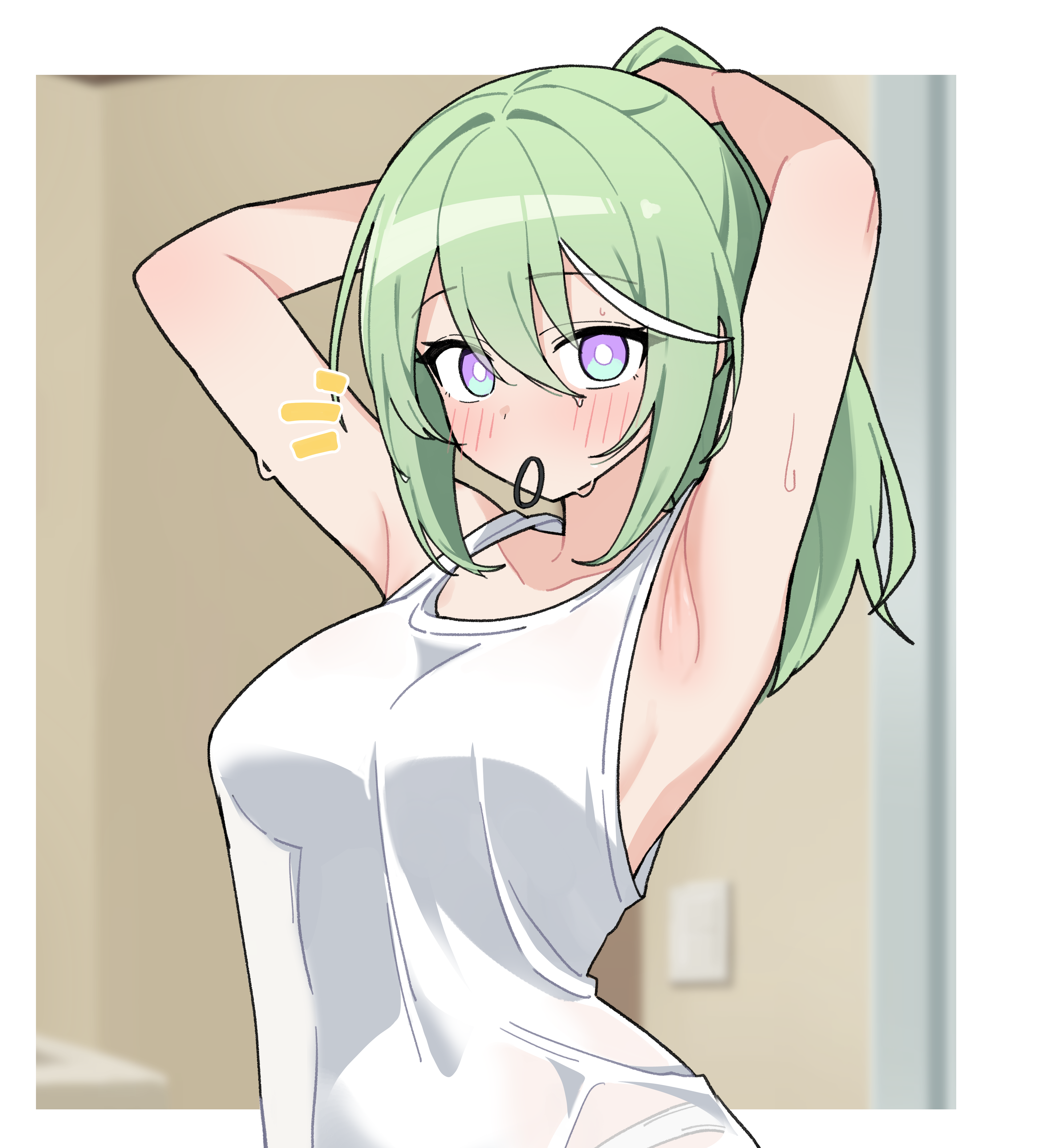 yuzuha riko, stellive, absurdres, commentary request, highres, korean commentary, 1girl, armpits, blurry, blurry background, blush, border, breasts, collarbone, green hair, hair between eyes, hair tie, hair tie in mouth, hands up, large breasts, long bangs, long hair, mouth hold, multicolored hair, nal muck, notice lines, outside border, panties, panty peek, ponytail, see-through tank top, solo, standing, streaked hair, sweat, tank top, tying hair, underwear, upper body, virtual youtuber, white border, white panties, white tank top