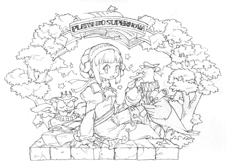 tiv, original, archived source, commentary request, graphite (medium), korean commentary, traditional media, 1girl, blunt bangs, book, braid, braided bun, breasts, cat, closed eyes, closed mouth, collar, copyright name, crown, double bun, dress, fingernails, food, fruit, glasses, greyscale, hair bun, hat, holding, holding food, holding fruit, holding map, juliet sleeves, lineart, long sleeves, looking at viewer, map, medium breasts, monochrome, neck ruff, open book, open mouth, pince-nez, platonic supernova, puffy sleeves, round eyewear, sidelocks, sitting, star (symbol), thumb hole sleeves, tree, white background, wings