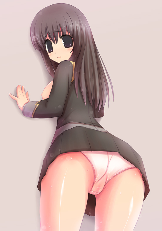 unikurage, setsuko ohara, banpresto, super robot wars, super robot wars z, super robot wars z1, 1girl, against wall, ass, bent over, black eyes, black hair, breasts, breasts out, female focus, long hair, looking back, panties, pantyshot, pink panties, pussy, see-through clothes, simple background, solo, sweat, uncensored, underwear, upskirt