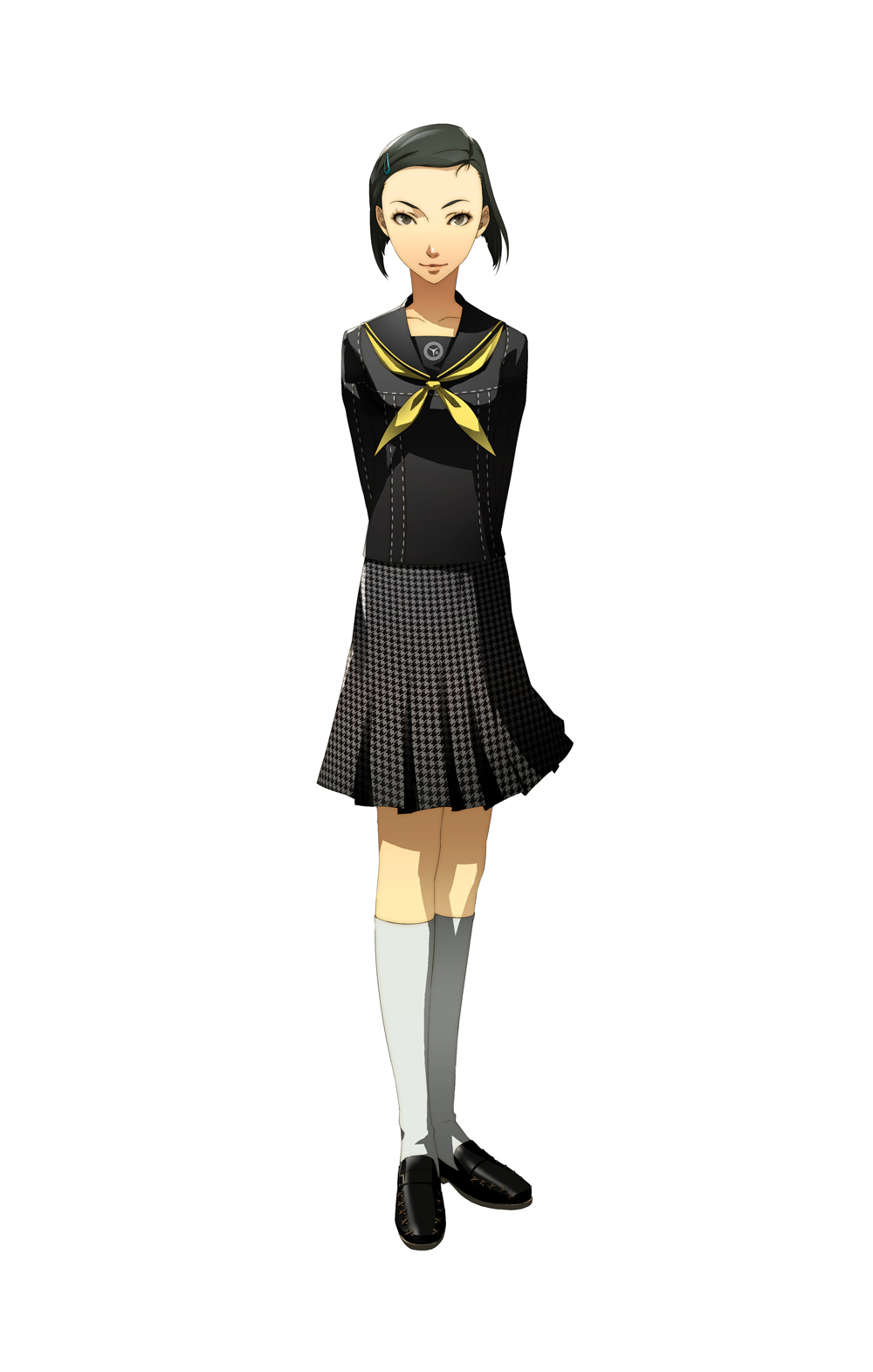 soejima shigenori, ozawa yumi, atlus, megami tensei, persona, persona 4, shin megami tensei, highres, official art, black eyes, black hair, hair ornament, hairclip, kneehighs, school uniform, serafuku, short hair, skirt, smile, socks