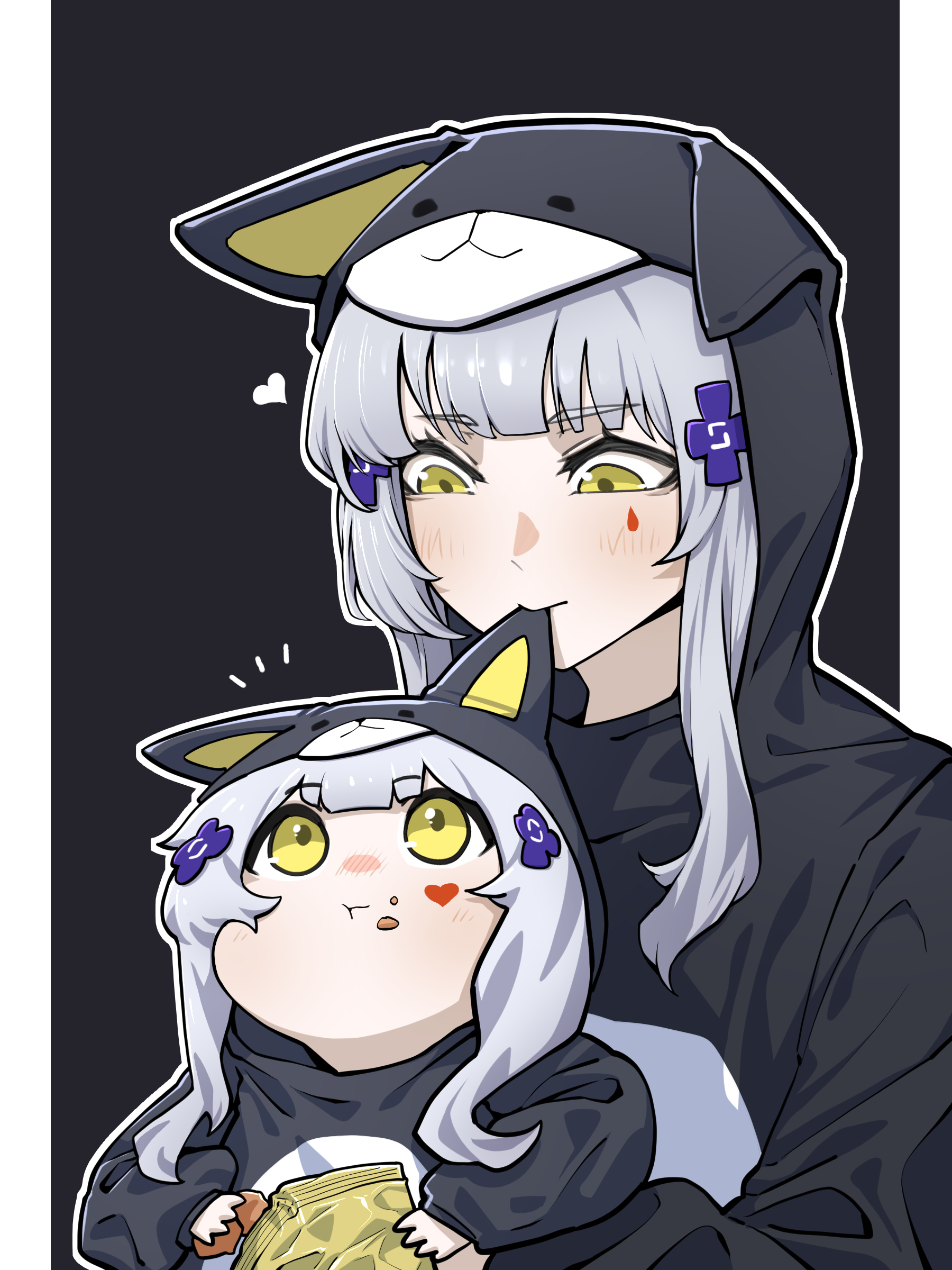 doya (qkrdbseh1205), hk416 (girls' frontline), klukai (girls' frontline 2), girls' frontline, girls' frontline 2: exilium, biting ear, absurdres, commentary, highres, 2girls, alternate costume, animal costume, animal ears, bag of chips, biting, blush, carrying, carrying person, cross hair ornament, dual persona, eating, facial mark, fake animal ears, food, food on face, hair ornament, heart, heart facial mark, heart tattoo, long hair, looking at another, multiple girls, tattoo, teardrop facial mark, teardrop tattoo, two-tone background, upper body, white hair, yellow eyes