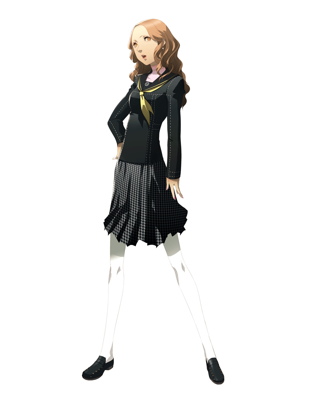 soejima shigenori, ebihara ai, atlus, megami tensei, persona, persona 4, shin megami tensei, highres, official art, 1girl, black serafuku, brown eyes, brown hair, curly hair, female focus, pantyhose, school uniform, serafuku, skirt, solo, white pantyhose