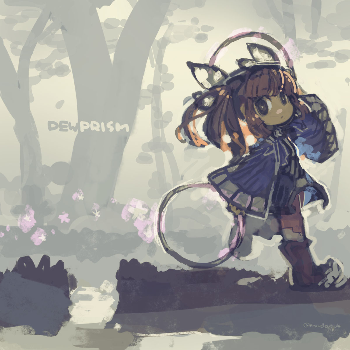 konno takashi, mint (dewprism), dewprism, highres, 1girl, brown eyes, chakram, copyright name, forest, holding, holding weapon, leg up, long hair, looking at viewer, nature, orange hair, solo, twintails, twitter username, walking, weapon, wide sleeves
