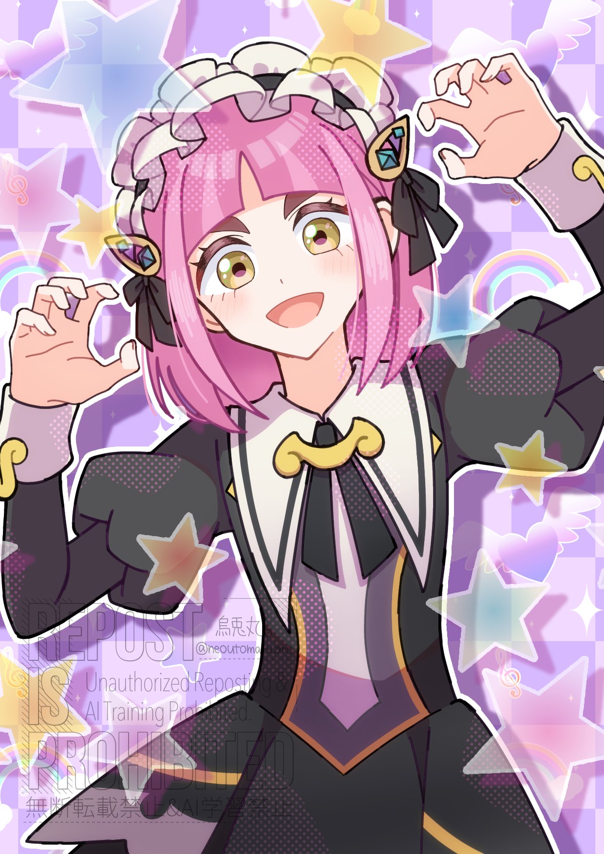 neosiromaruzmc, lacey (fall 2025) (pokemon), lacey (pokemon), nintendo, pokemon, pokemon masters ex, highres, 1girl, :d, arched bangs, black dress, blush, brown eyes, claw pose, dress, hair ornament, hairclip, heart, juliet sleeves, long sleeves, looking at viewer, maid, maid headdress, musical note, official alternate costume, open mouth, outline, pink hair, puffy sleeves, short hair, smile, solo, star (symbol), white outline