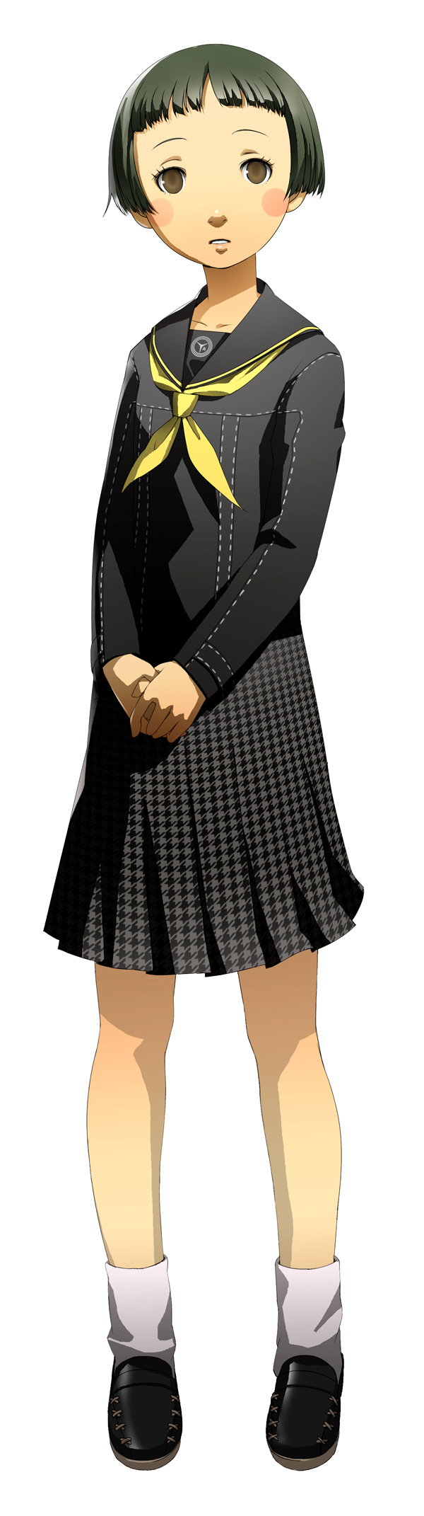 soejima shigenori, matsunaga ayane, atlus, megami tensei, persona, persona 4, shin megami tensei, highres, long image, official art, tall image, 1girl, black hair, blush, brown eyes, female focus, looking at viewer, open mouth, school uniform, short hair, simple background, skirt, socks, solo, teeth, white background