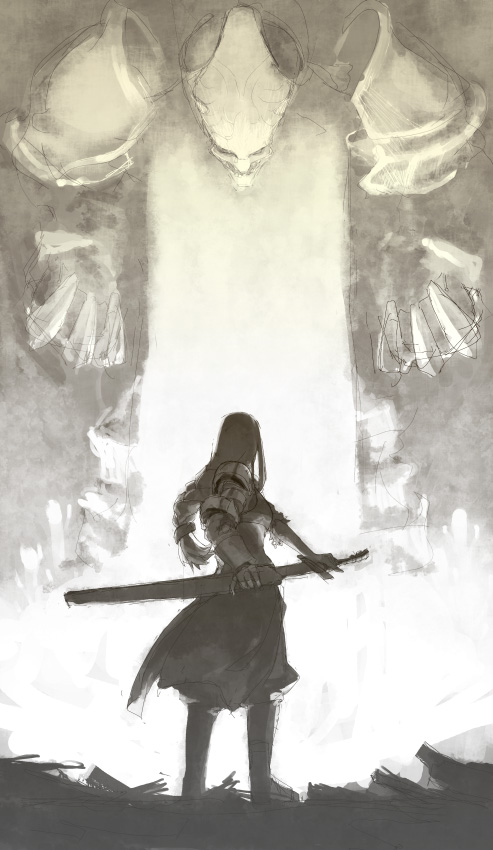 agrias oaks, ultima (fft), final fantasy, final fantasy tactics, 1girl, armor, braid, epic, gloves, knight, long hair, monochrome, sepia, sheath, single braid, skirt, sword, unsheathing, weapon