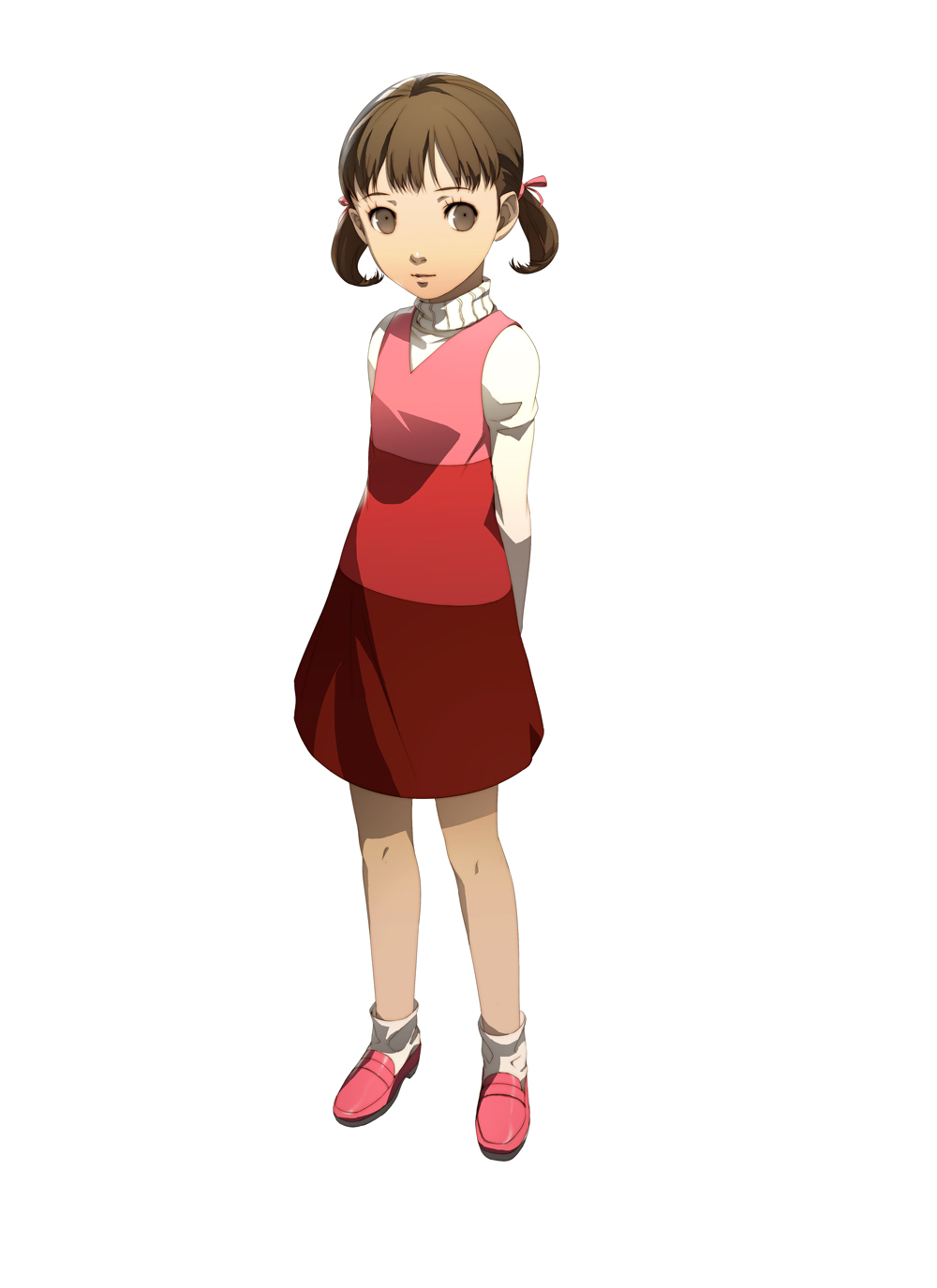 soejima shigenori, doujima nanako, atlus, persona, persona 4, highres, official art, arms behind back, brown eyes, brown hair, child, dress, short twintails, solo, turtleneck, twintails