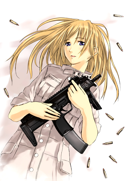 ganzyu i, heckler & koch, machine pistol, 1girl, ammunition, armor-piercing ammunition, blonde hair, blue eyes, cartridge, coat, female focus, gun, h&k mp7, handgun cartridge, hk 4.6x30mm, military cartridge, pdw cartridge, personal defense weapon, pistol cartridge, solo, submachine gun, supersonic ammunition, vertical forward grip, weapon