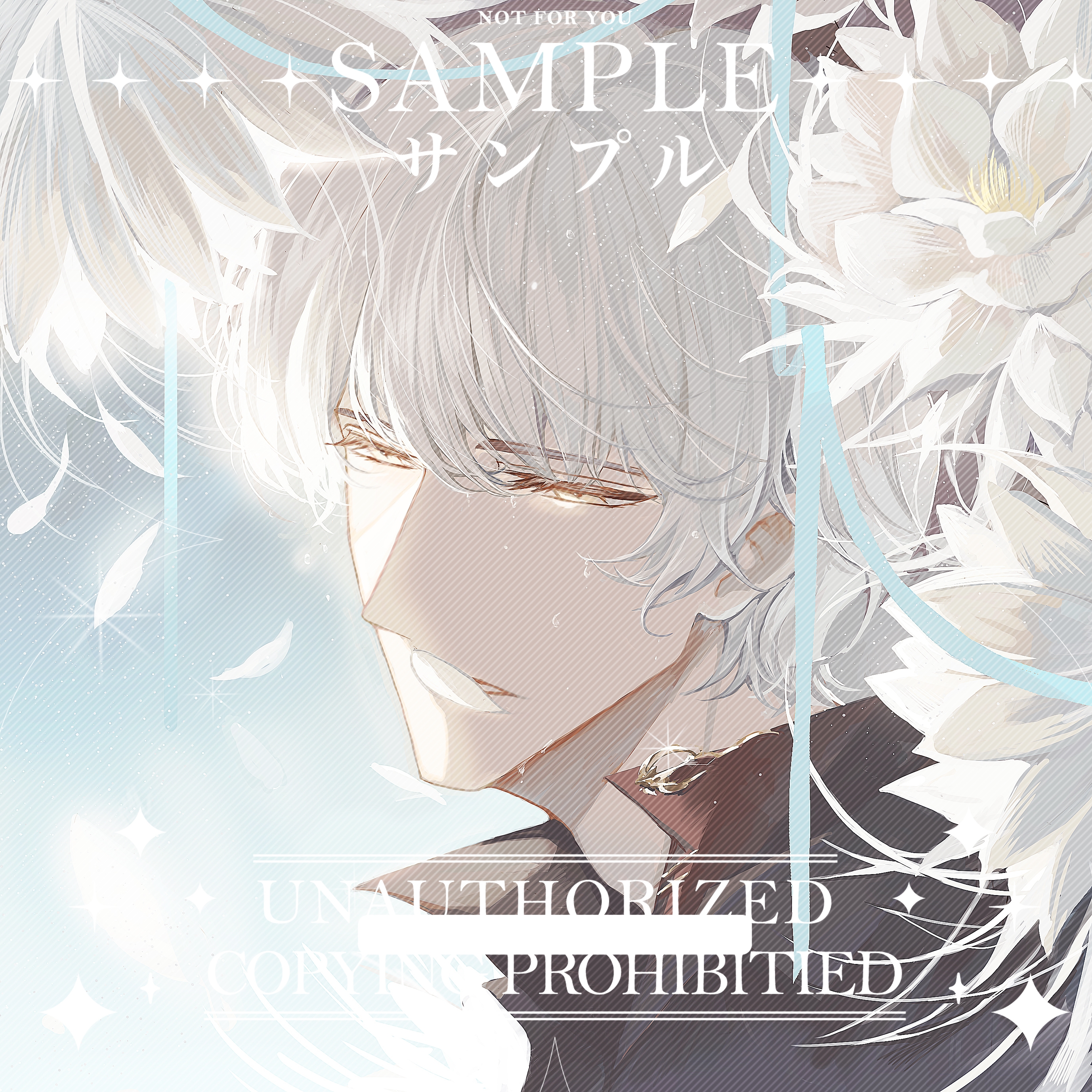 snow234, qi sili, light and night love, absurdres, chinese commentary, commission, highres, 1boy, black shirt, blue background, blue ribbon, covered mouth, epiphyllum, falling petals, flower, hair between eyes, half-closed eyes, looking down, male focus, parted lips, petal on face, petals, popped collar, portrait, ribbon, sample watermark, shirt, short hair, solo, water drop, watermark, wet, wet hair, white flower, white hair, yellow eyes