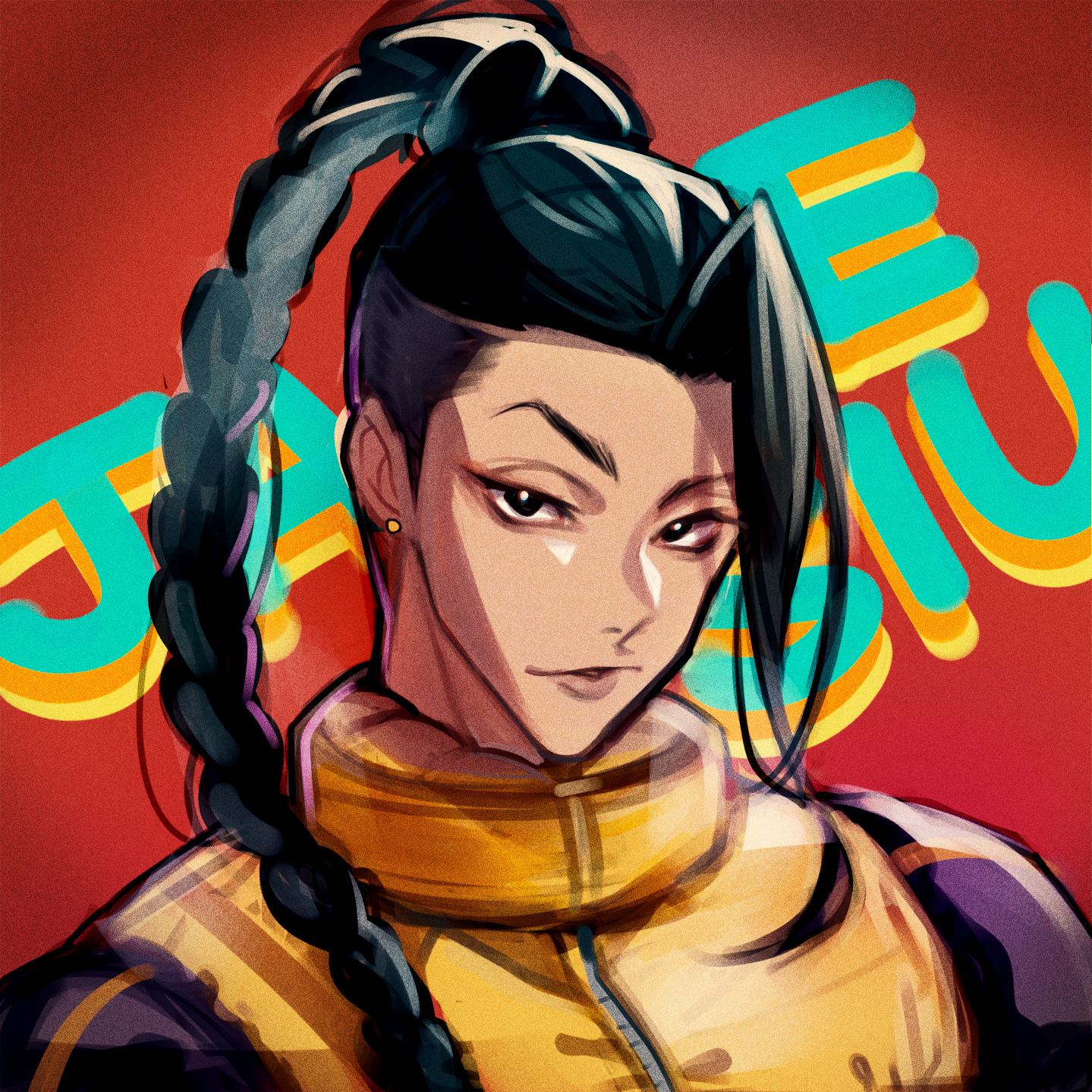 tantan notan, jamie siu, street fighter, street fighter 6, commentary request, highres, 1boy, black hair, braid, bright pupils, character name, earrings, jewelry, long braid, long hair, looking at viewer, male focus, parted lips, red background, sideburns, solo, upper body, v-shaped eyebrows, white pupils