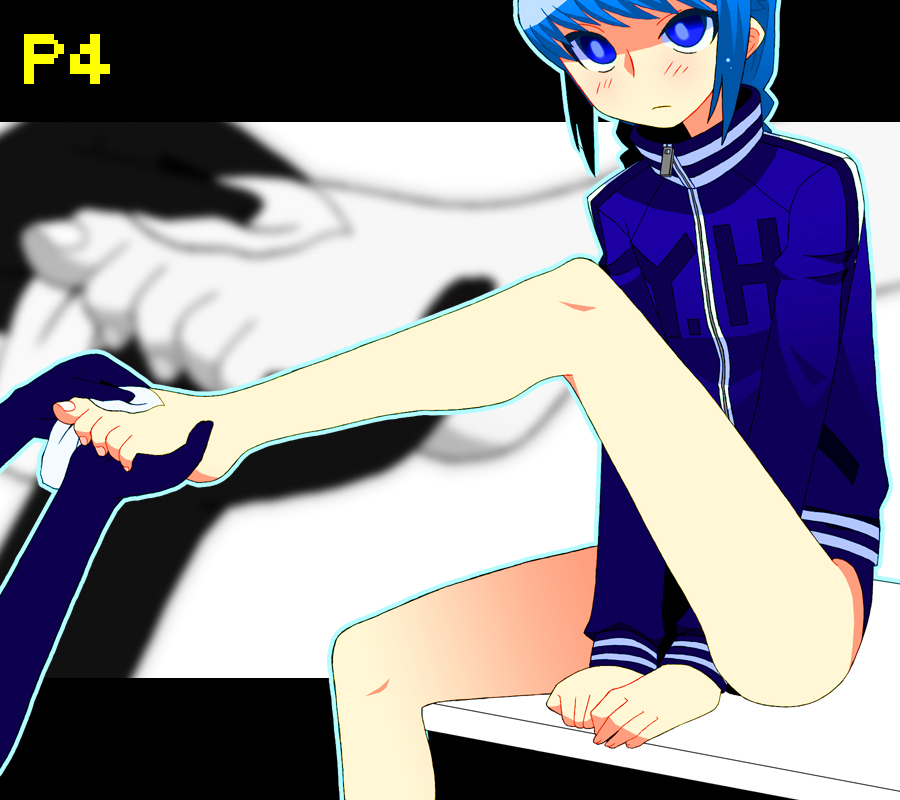 narukami yu, shirogane naoto, atlus, persona, persona 4, shin megami tensei, 1boy, androgynous, barefoot, blue eyes, blue hair, blush, feet, jacket, legs, reverse trap, short hair, solo focus, toes, track jacket, trap, zipper