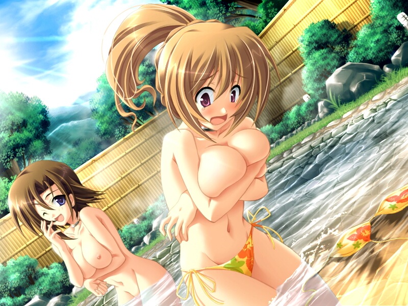 hinata mutsuki, kagami yuuki, takami haruka, onetama, breast hold, light brown hair, game cg, 2girls, bikini, blush, breasts, breasts squeezed together, brown hair, cleavage, cloud, completely nude, covering breasts, covering privates, day, dutch angle, embarrassed, fence, groin, happy, jewelry, large breasts, laughing, leaning forward, light rays, long hair, looking down, multiple girls, navel, neck, necklace, nipples, nude, nude cover, one eye closed, onsen, open mouth, outdoors, ponytail, public indecency, short hair, side-tie bikini bottom, sky, smile, sunbeam, sunlight, surprised, swimsuit, tears, topless female, wading, wardrobe malfunction, water, wink