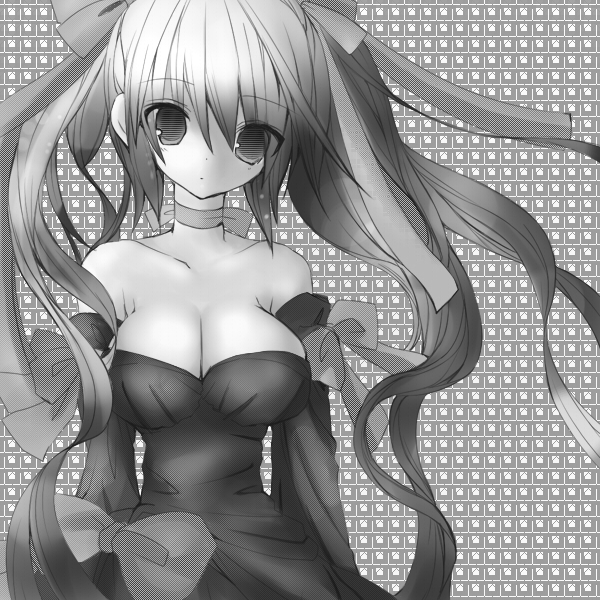 chutona, original, bad id, bad pixiv id, bare shoulders, breasts, cleavage, detached sleeves, dress, greyscale, large breasts, long hair, monochrome, ribbon, strapless, strapless dress, twintails