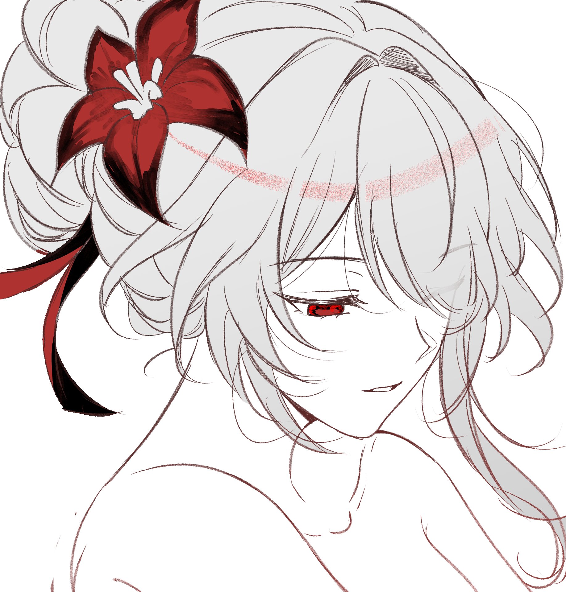 acheron (honkai: star rail), honkai: star rail, honkai (series), commentary, english commentary, highres, 1girl, alternate hairstyle, flower, hair bun, hair flower, hair intakes, hair ornament, hair over one eye, nalgea, parted lips, red eyes, red flower, red ribbon, ribbon, simple background, smile, white hair