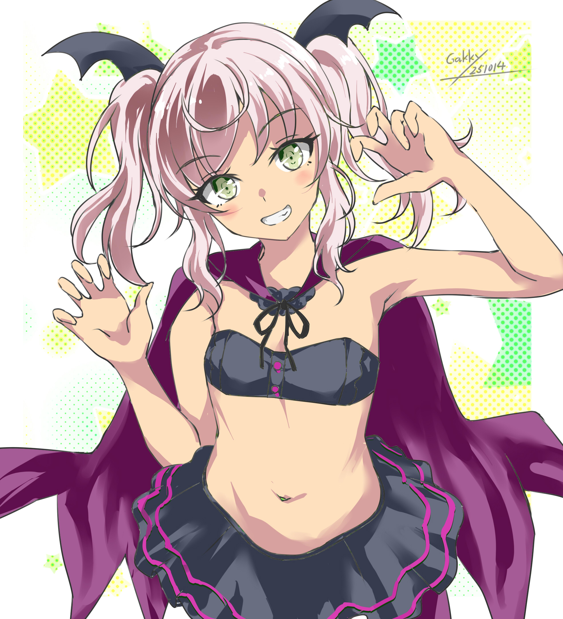 gakky, comandante cappellini (halloween) (kancolle), comandante cappellini (kancolle), kantai collection, highres, 1girl, bandeau, black bandeau, black skirt, black tube top, cape, cowboy shot, curled fingers, dark-skinned female, dark skin, dress, grink, halloween costume, head wings, one-hour drawing challenge, pink hair, pleated dress, purple cape, skirt, solo, strapless, tube top, twintails, vampire costume, wings, yellow eyes