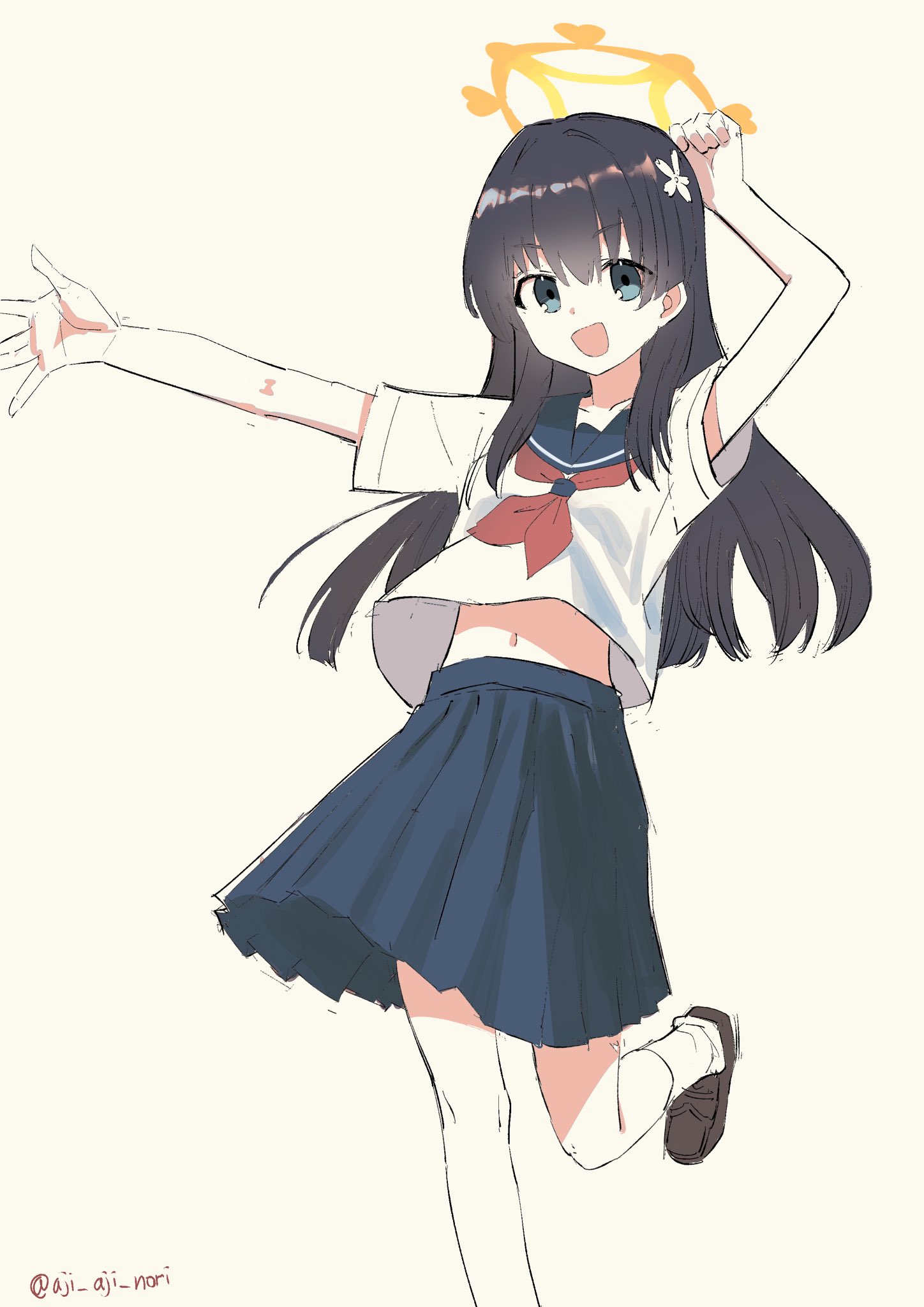 aji aji nori, saten ruiko, blue archive, toaru kagaku no railgun, toaru majutsu no index, highres, 1girl, black hair, blue eyes, blue sailor collar, blue skirt, feet out of frame, flower, hair flower, hair ornament, halo, long hair, neckerchief, orange halo, pleated skirt, red neckerchief, sailor collar, sailor shirt, sakugawa school uniform, school uniform, serafuku, shirt, simple background, skirt, smile, socks, solo, summer uniform, white background, white shirt, white socks