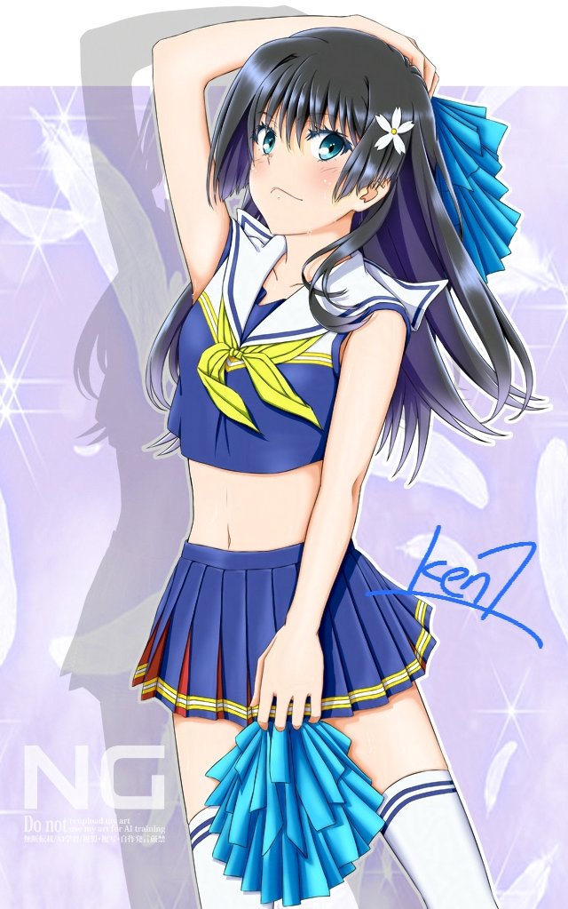 ken'ichi (silvian125jp), saten ruiko, toaru kagaku no railgun, toaru majutsu no index, 1girl, :<, alternate costume, black hair, blue eyes, blue shirt, blue skirt, cheerleader, flower, hair flower, hair ornament, holding, holding pom poms, long hair, looking at viewer, midriff, neckerchief, pleated skirt, pom pom (cheerleading), pom poms, sailor collar, shirt, skirt, sleeveless, sleeveless shirt, solo, thighhighs, white sailor collar, white thighhighs, yellow neckerchief