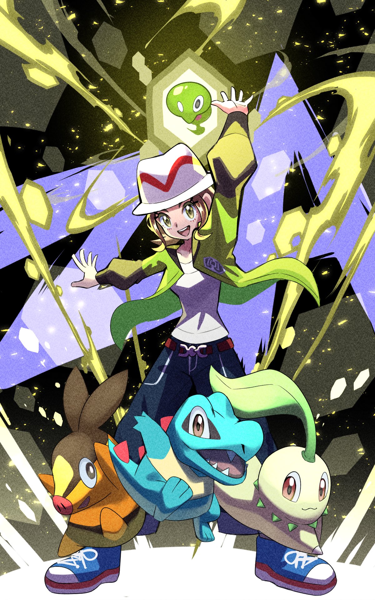 inana umi, harmony (pokemon), zygarde, zygarde cell, nintendo, pokemon, pokemon legends: z-a, highres, 1girl, bell-bottoms, belt, brown eyes, brown hair, gen 6 pokemon, green jacket, hand up, hat, jacket, legendary pokemon, open clothes, open jacket, open mouth, pants, shirt, short hair, starter pokemon trio, striped hat, white hat, white shirt