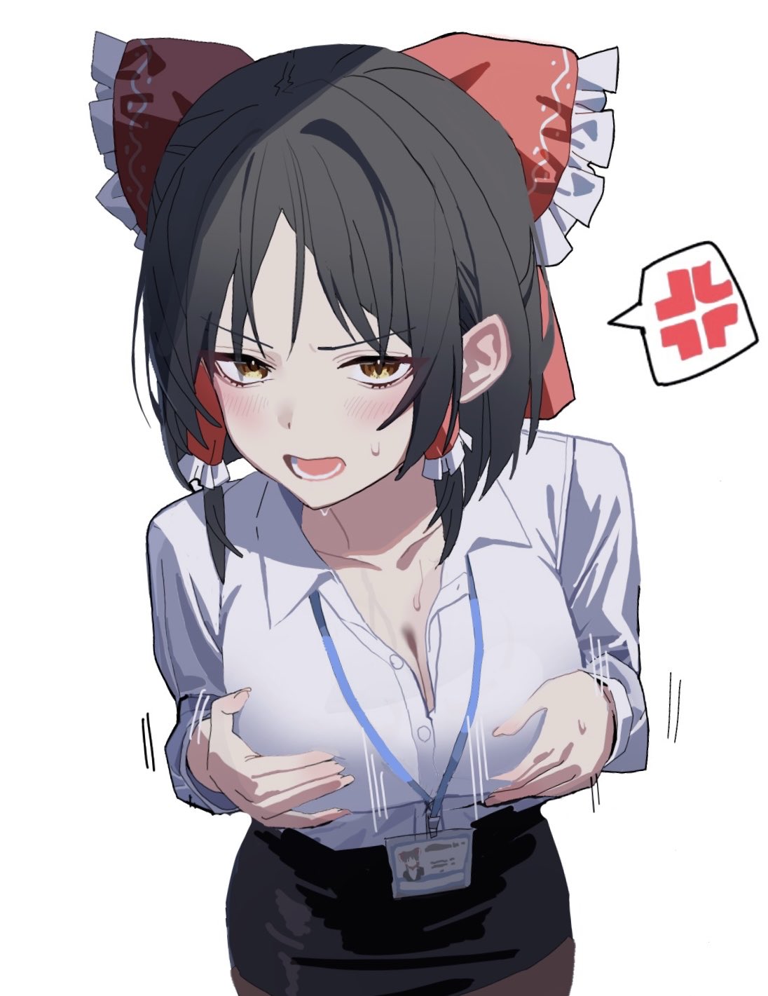 tirano tenchou, hakurei reimu, sananana (cookie), cookie (touhou), touhou, highres, 1girl, anger vein, angry, blush, bow, breasts, breasts squeezed together, brown hair, cleavage, frilled bow, frills, furrowed brow, grabbing own breast, hair bow, hair tubes, id card, lanyard, large breasts, leggings, meme, motion lines, next time you're getting this (meme), office lady, open mouth, paizuri gesture, pencil skirt, red bow, simulated paizuri, skirt, solo, spoken anger vein, sweat, sweatdrop, white background, yellow eyes