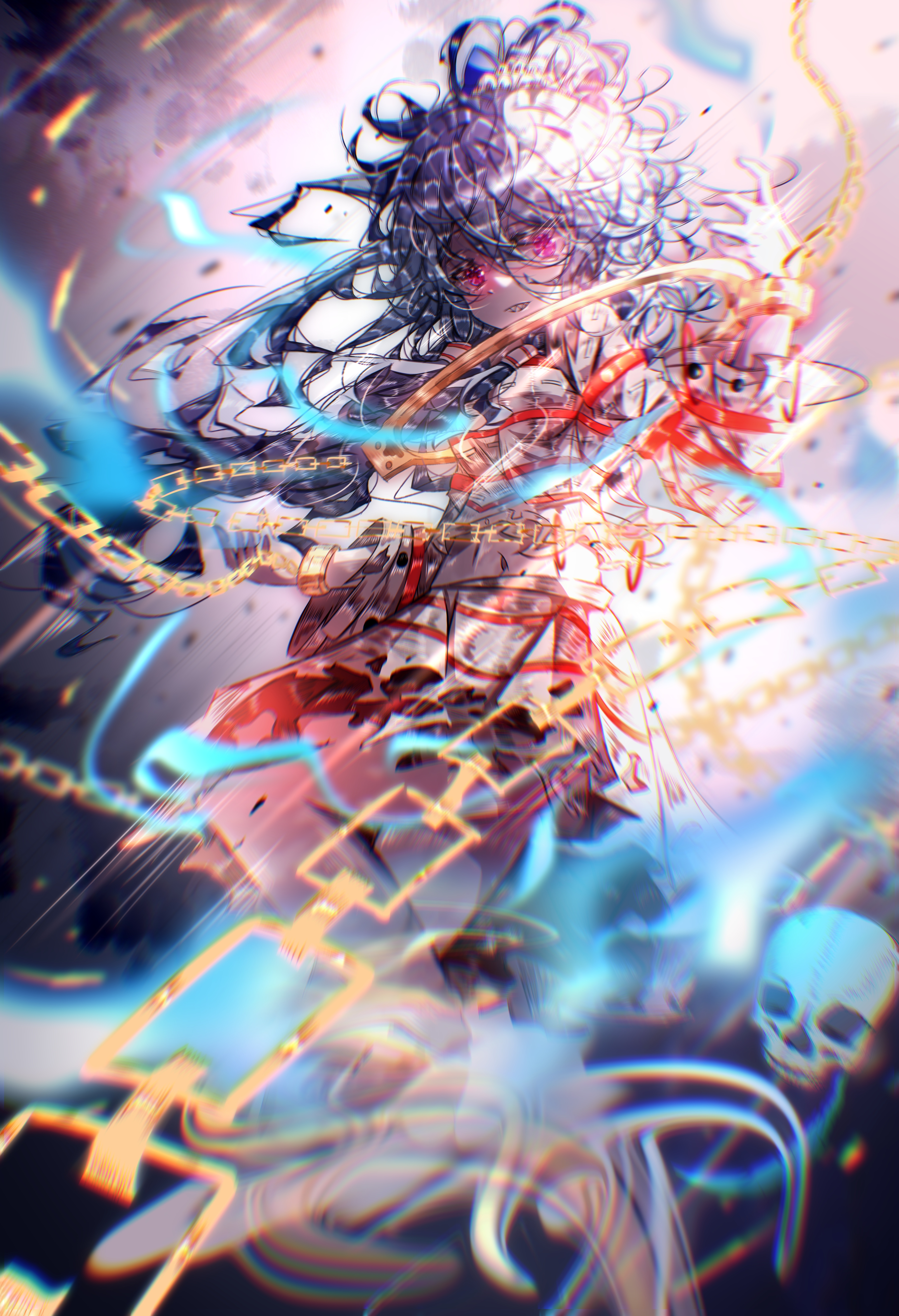 miyadeguchi mizuchi, touhou, absurdres, chinese commentary, highres, black hair, boxerrudy, chain, dynamic pose, glowing, long hair, looking at viewer, motion blur, red eyes, ribbon, skull, solo, white ribbon