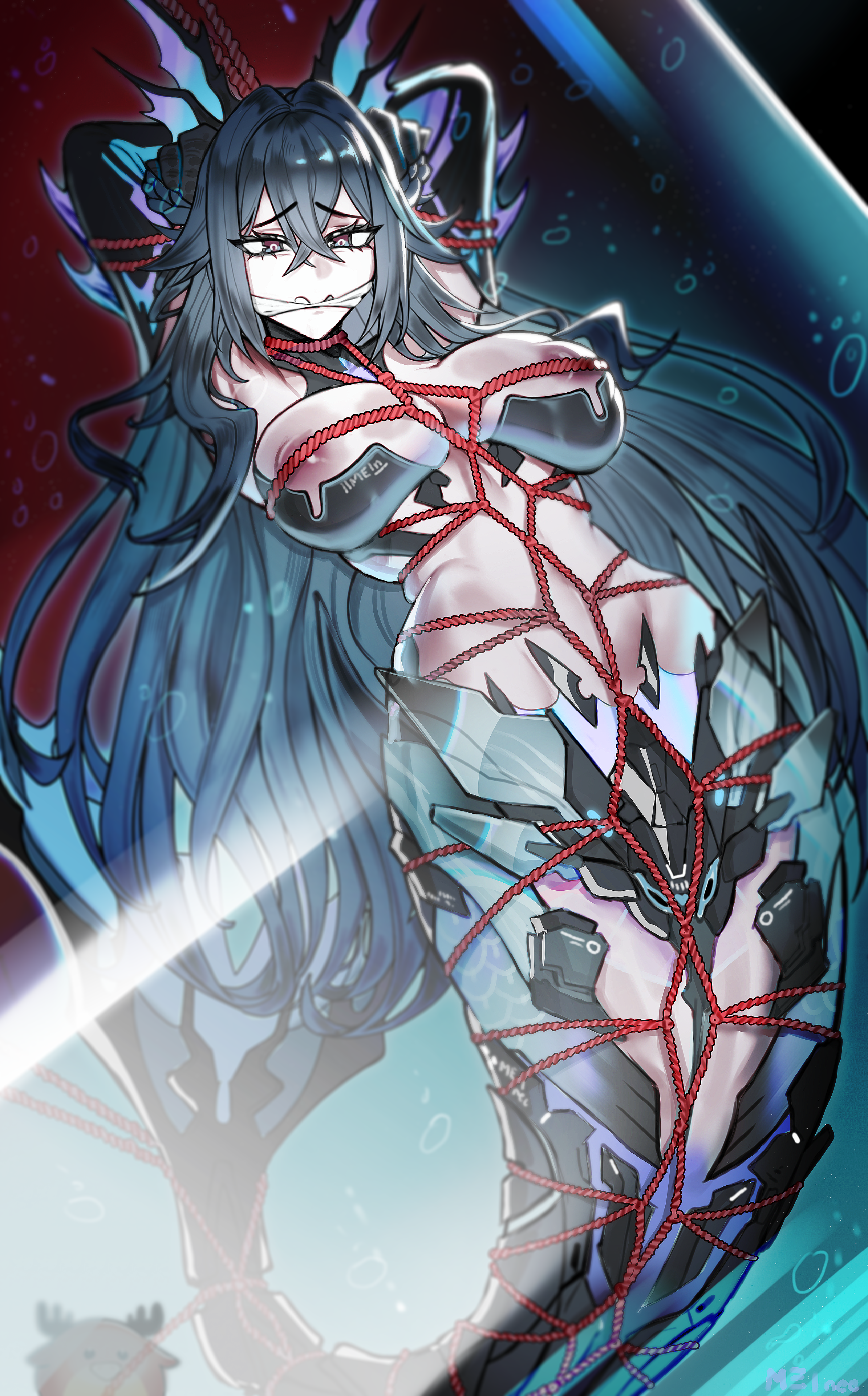 me1, lamia: lost lullaby (pgr), lamia (pgr), punishing: gray raven, absurdres, commentary, commission, english commentary, highres, 1girl, adhesive bra, aqua hair, arm fins, arms behind head, arms up, bdsm, black bra, bondage, bound, bound arms, bra, breasts, bridgeless bra, censored, cloth gag, convenient censoring, covered erect nipples, crossed bangs, fins, gag, gagged, hair between eyes, hair ornament, head fins, improvised gag, large breasts, long hair, mechanical arms, mechanical tail, mermaid, monster girl, purple eyes, red rope, restrained, ringed eyes, rope, shell, shell hair ornament, shibari, shibari over clothes, sidelocks, solo, stomach, tail, underwater, underwear, very long hair