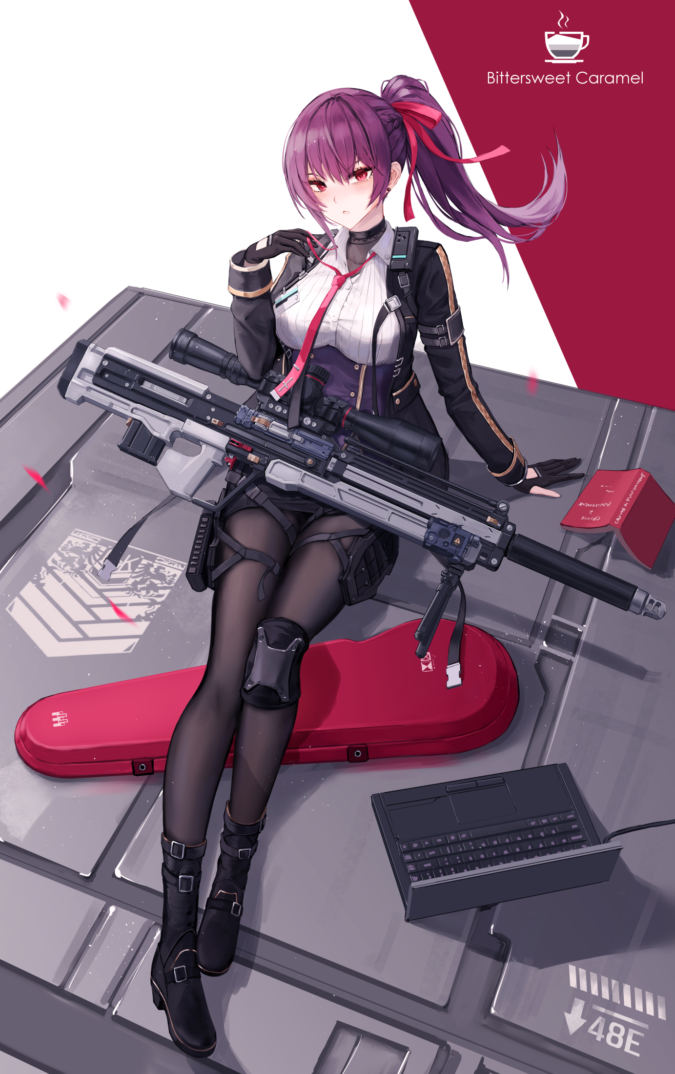 yuzuriha (atelier liang), makiatto (girls' frontline 2), wa2000 (girls' frontline), girls' frontline, girls' frontline 2: exilium, walther, commentary, highres, 1girl, arm support, black boots, black gloves, black jacket, black pantyhose, black skirt, book, boots, breasts, bullpup, collared shirt, computer, cup, earrings, english text, full body, gloves, griffin & kryuger logo, gun, hair ribbon, hand up, instrument case, jacket, jewelry, laptop, long hair, looking at viewer, loose necktie, necktie, open clothes, open jacket, open mouth, pantyhose, partially fingerless gloves, ponytail, purple hair, red background, red eyes, red necktie, ribbon, rifle, shirt, simple background, sitting, skirt, sniper rifle, solo, stud earrings, two-tone background, walther wa 2000, weapon, white background, white shirt
