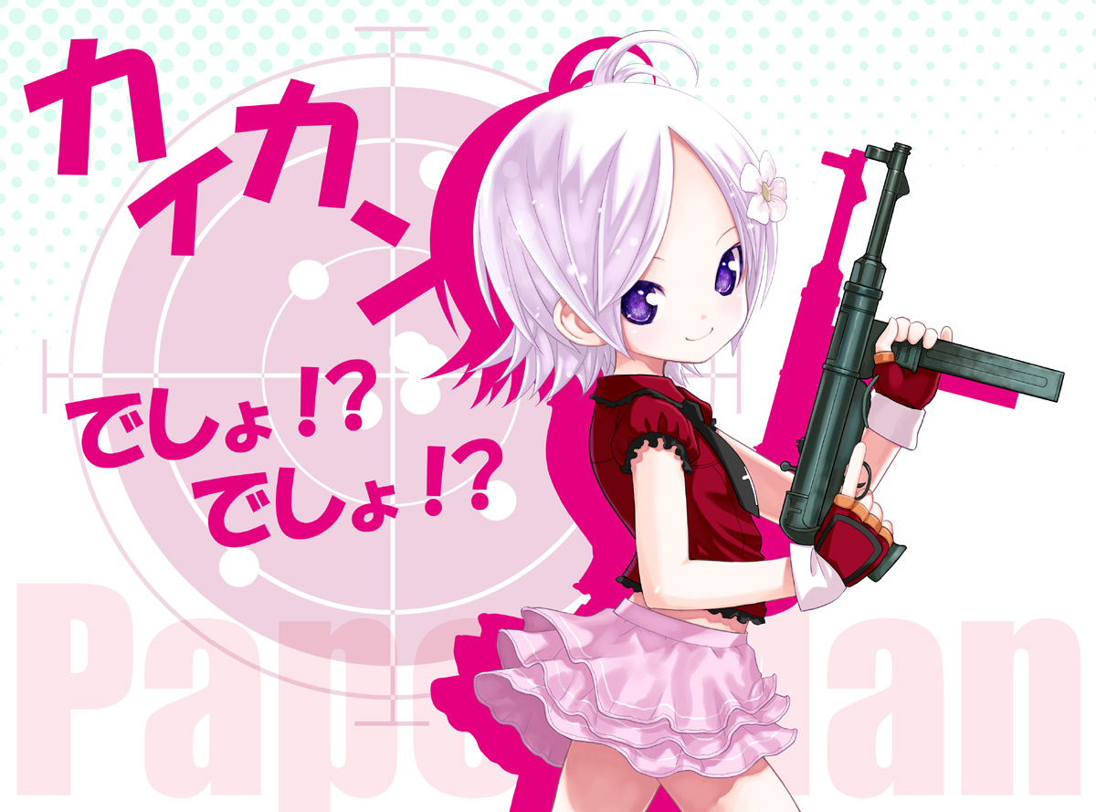 kiira, paper man, translated, child, fingerless gloves, gloves, gun, mp 40, necktie, purple eyes, short hair, skirt, smile, solo, submachine gun, weapon