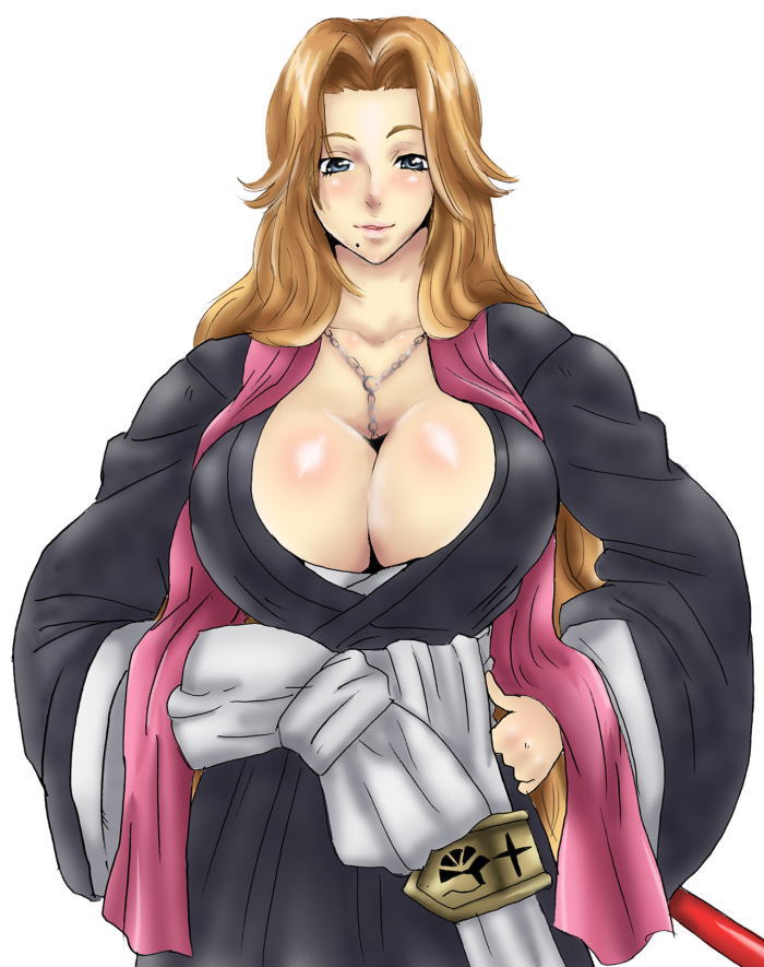 toryuu, matsumoto rangiku, bleach, bad id, bad pixiv id, 00s, 1girl, blonde hair, blue eyes, breasts, brown hair, cleavage, female focus, huge breasts, long hair, mole, mole under mouth, smile, solo