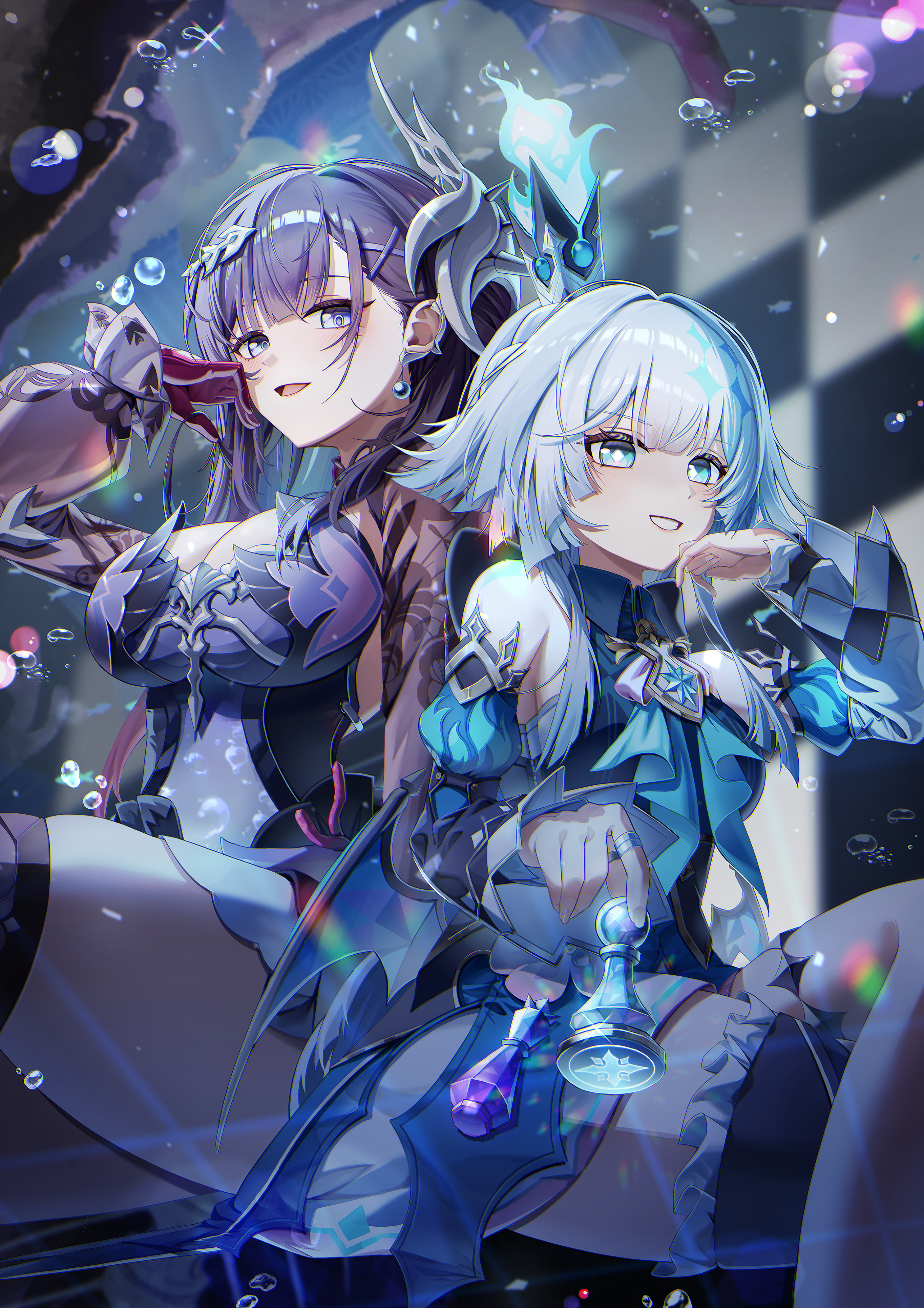leegh19769, cerydra (honkai: star rail), hysilens (honkai: star rail), honkai: star rail, honkai (series), absurdres, highres, 2girls, air bubble, black hair, black thighhighs, blue eyes, blue hair, breasts, bright pupils, bubble, chess piece, cleavage, crossed legs, crown, detached sleeves, dress, fire, gloves, grey hair, hand up, holding, holding chess piece, large breasts, long hair, long sleeves, looking at viewer, mini crown, multicolored hair, multiple girls, open mouth, red gloves, sitting, smile, thighhighs, white pupils