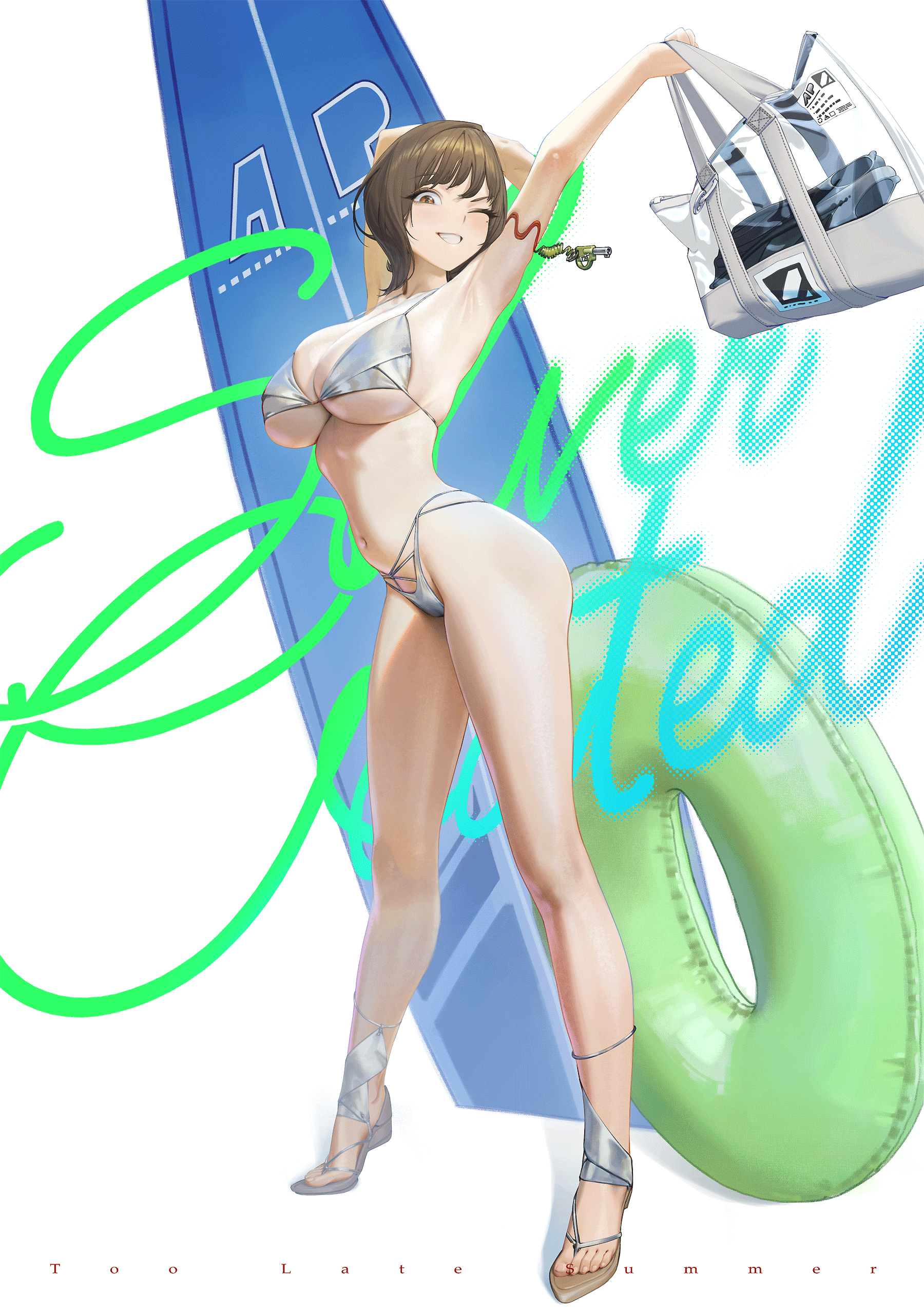 oclet, original, absurdres, highres, 1girl, arm behind head, bag, bikini, brown hair, cowboy shot, full body, grin, innertube, one eye closed, open-toe shoes, red eyes, short hair, simple background, smile, solo, surfboard, swim ring, swimsuit, white background, white bikini