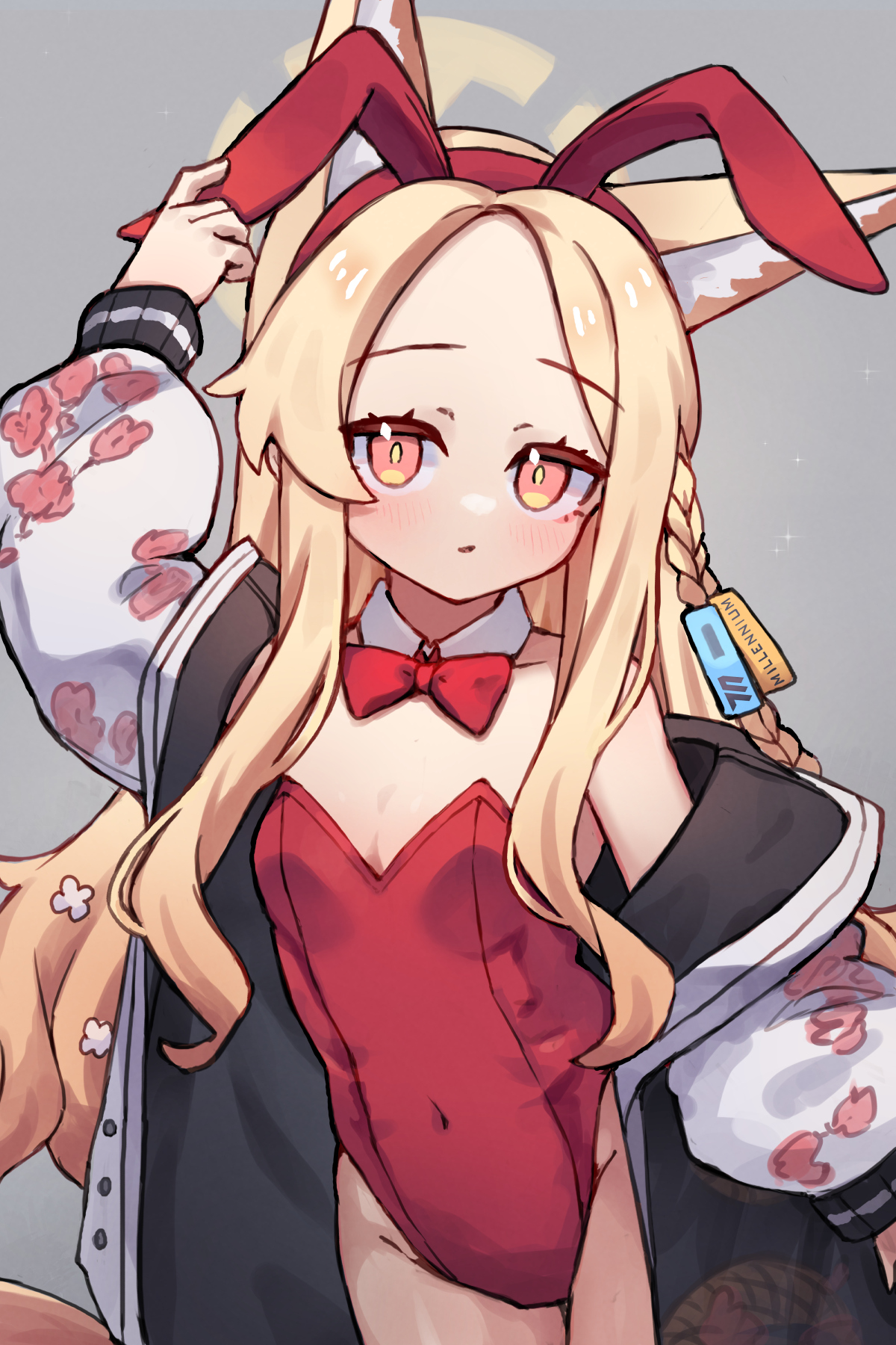 miya (miyaruta), neru (blue archive), seia (blue archive), blue archive, commentary, english commentary, highres, 1girl, animal ears, blonde hair, bow, bowtie, cosplay, detached collar, fox ears, halo, jacket, leotard, long hair, neru (blue archive) (cosplay), pantyhose, playboy bunny, rabbit ears, red leotard, solo, strapless, strapless leotard, yellow halo