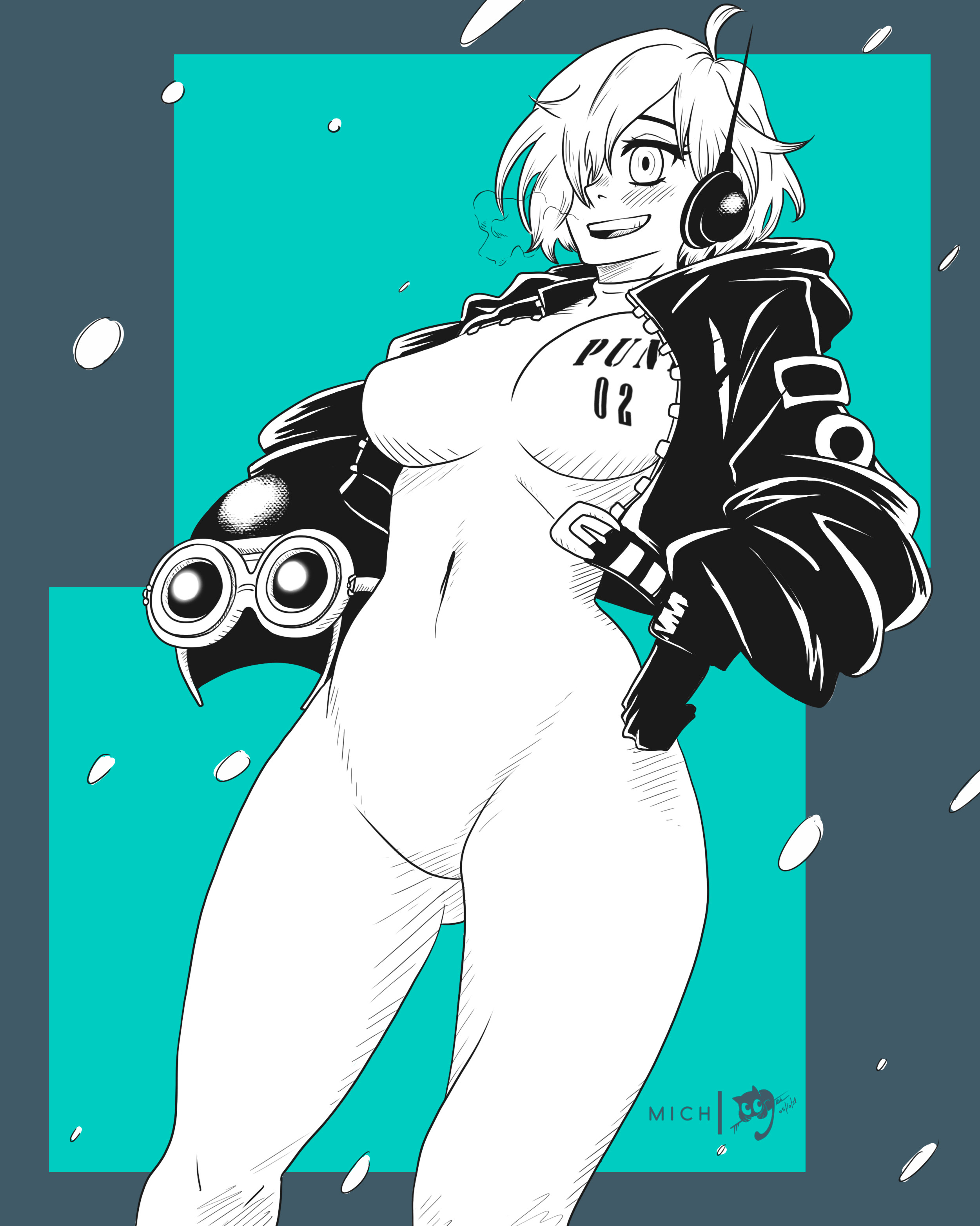 a mimishi, vegapunk lilith, one piece, absurdres, commentary, highres, 1girl, aqua background, artist logo, bodysuit, breasts, covered navel, cropped jacket, greyscale, greyscale with colored background, hair over one eye, headset, helmet, holding, holding unworn helmet, jacket, logo, monochrome, pilot helmet, short hair, solo, unworn headwear, unworn helmet