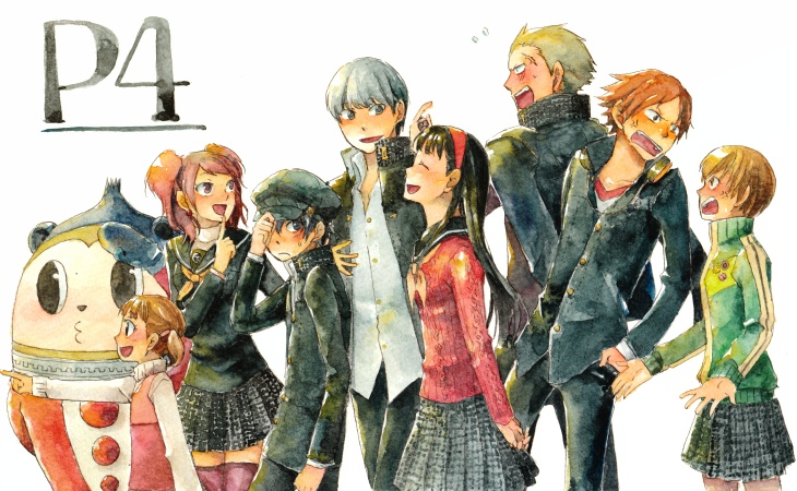 deboo, amagi yukiko, doujima nanako, hanamura yousuke, kujikawa rise, kuma (persona 4), narukami yu, satonaka chie, shirogane naoto, tatsumi kanji, atlus, persona, persona 4, silver hair, 3boys, 5girls, :d, androgynous, black hair, blazer, blush, brown hair, copyright name, costume, everyone, gakuran, jacket, long sleeves, multiple boys, multiple girls, open mouth, pants, plaid clothes, plaid skirt, pleated skirt, school uniform, simple background, skirt, smile, surprised, tomboy, twintails, white background