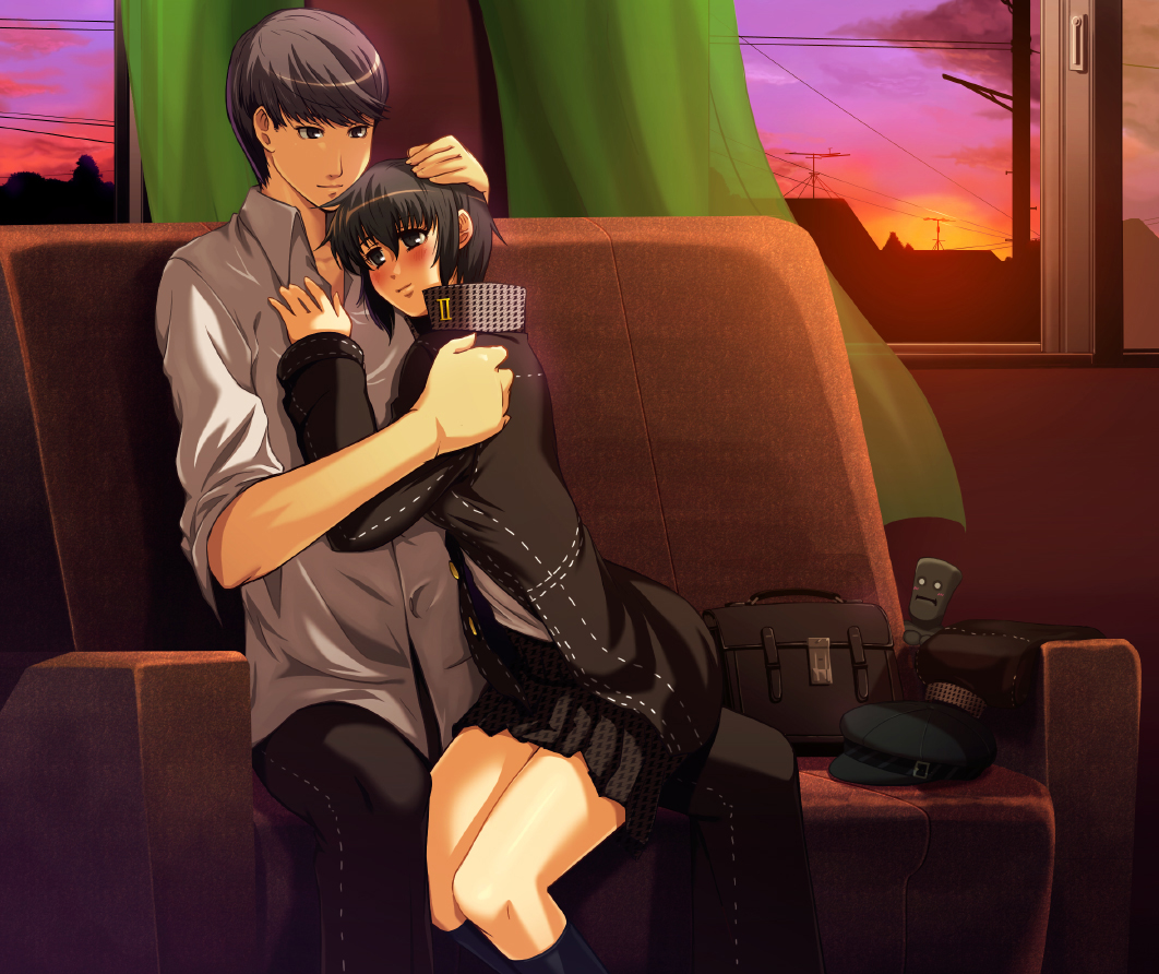 taru neko, narukami yu, shirogane naoto, atlus, persona, persona 4, bad perspective, spoilers, 1boy, 1girl, bad anatomy, bad proportions, blush, couch, couple, curtains, eye contact, grey eyes, grey hair, hat, headpat, hetero, holding, hug, looking at another, newsboy cap, school uniform, short hair, sitting, sitting on lap, sitting on person, sunset, window