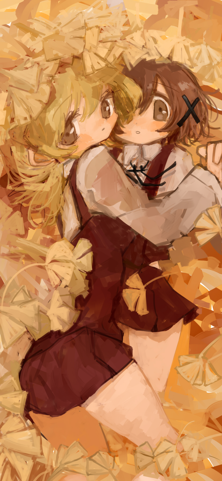 kotatsu (pchu), miyako (hidamari sketch), yuno (hidamari sketch), hidamari sketch, commentary, highres, symbol-only commentary, 2girls, autumn leaves, blonde hair, brown eyes, brown hair, closed mouth, dot mouth, hair ornament, leaf, looking at viewer, lying, multiple girls, on ground, red skirt, school uniform, shirt, skirt, white shirt, x hair ornament, yamabuki high school uniform