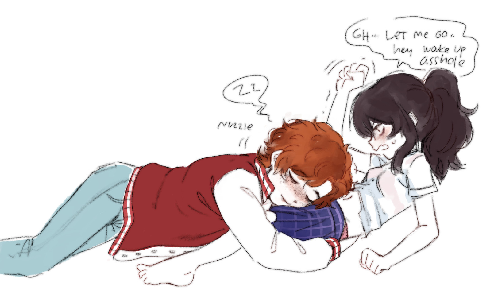 hoesmadder, harriet (hoesmadder), original, highres, 1boy, 1girl, black hair, blush, derrick (hoesmadder), freckles, hug, long hair, orange hair, ponytail, school uniform, short hair, sidelocks