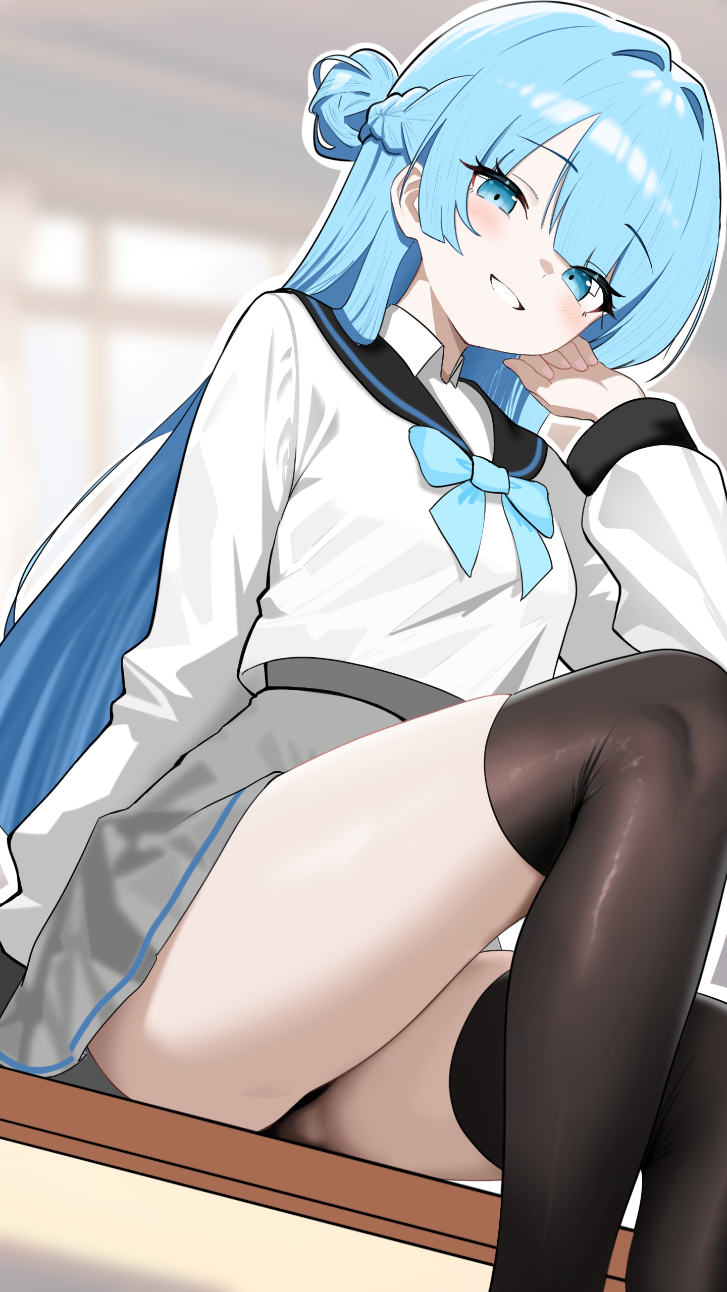 arahashi tabi, stellive, absurdres, commentary request, highres, korean commentary, 1girl, black sailor collar, black socks, blue bow, blue bowtie, blue eyes, blue hair, blush, bow, bowtie, braid, from below, grey skirt, grin, half up braid, hand up, koko (user hktv5235), long hair, long sleeves, looking at viewer, looking down, miniskirt, over-kneehighs, parted bangs, sailor collar, school uniform, serafuku, shirt, sitting, skirt, smile, socks, solo, straight hair, thighhighs, thighs, very long hair, virtual youtuber, white shirt, wing collar