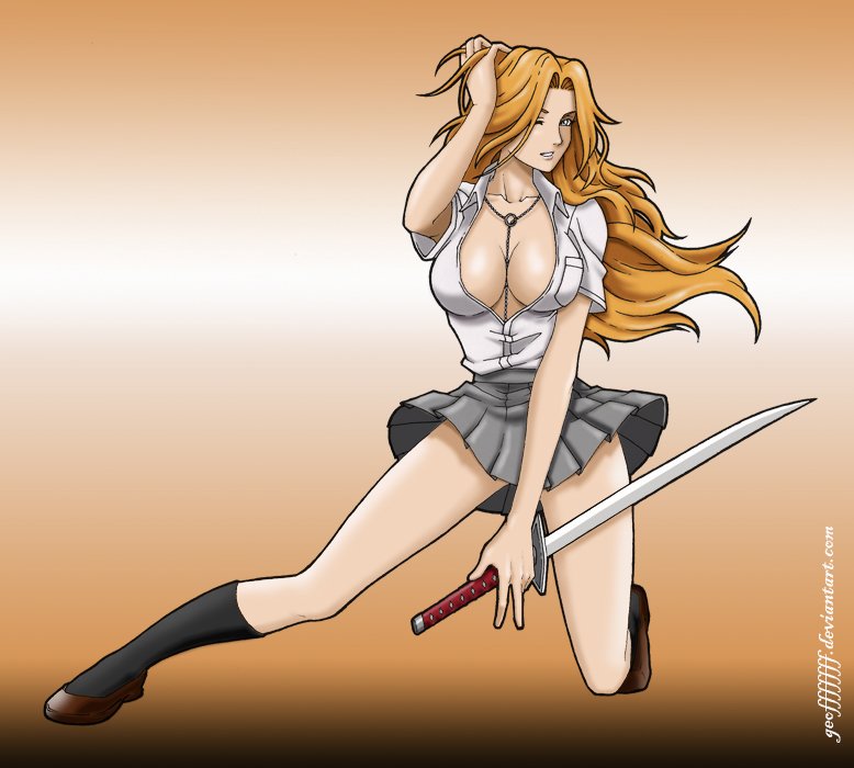 matsumoto rangiku, bleach, 00s, between breasts, breasts, cleavage, jewelry, large breasts, long hair, necklace, one eye closed, open clothes, open shirt, orange hair, school uniform, shirt, skirt, solo, sword, weapon, wink