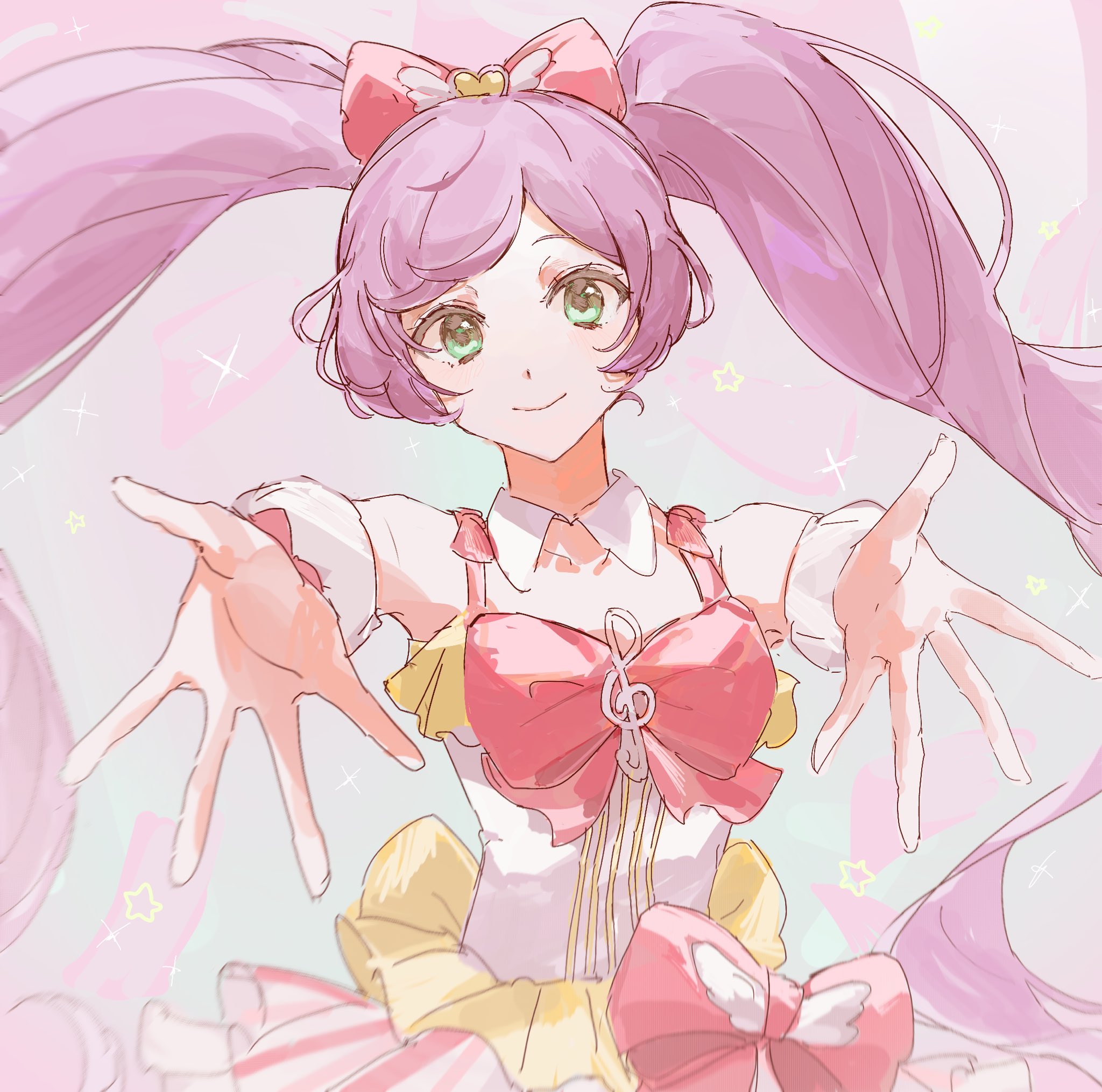 manaka laala, pretty series, pripara, commentary request, highres, 1girl, bow, detached collar, green eyes, hair bow, hands up, idol clothes, incoming hug, long hair, looking at viewer, open hands, outstretched arms, pink bow, poteto (mochimochinc), purple hair, reaching, reaching towards viewer, smile, solo, treble clef, twintails, very long hair