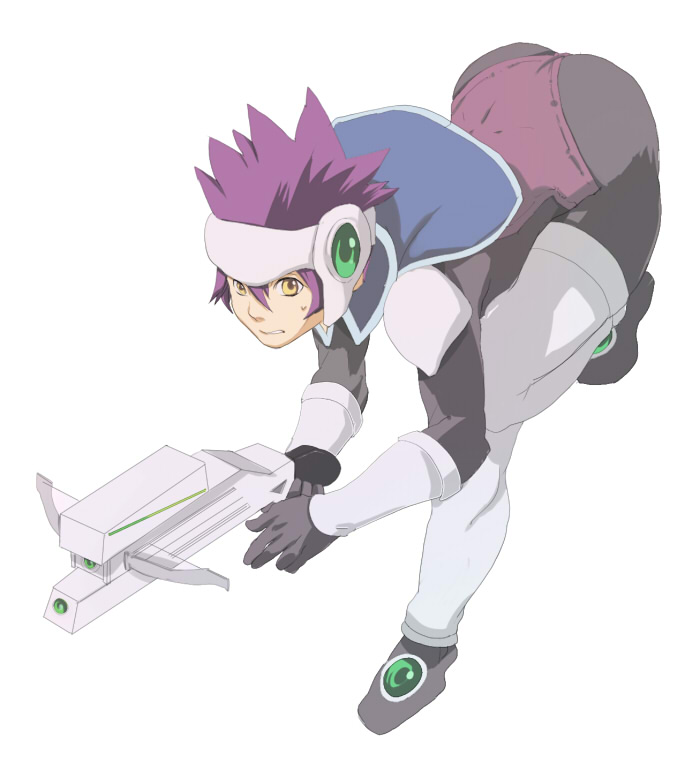 bot (komagomekko), henaro, druaga no tou, bad id, bad pixiv id, arm guards, bodysuit, boots, bow (weapon), crossbow, gloves, headgear, helmet, purple hair, short hair, solo, thighhighs, weapon, yellow eyes