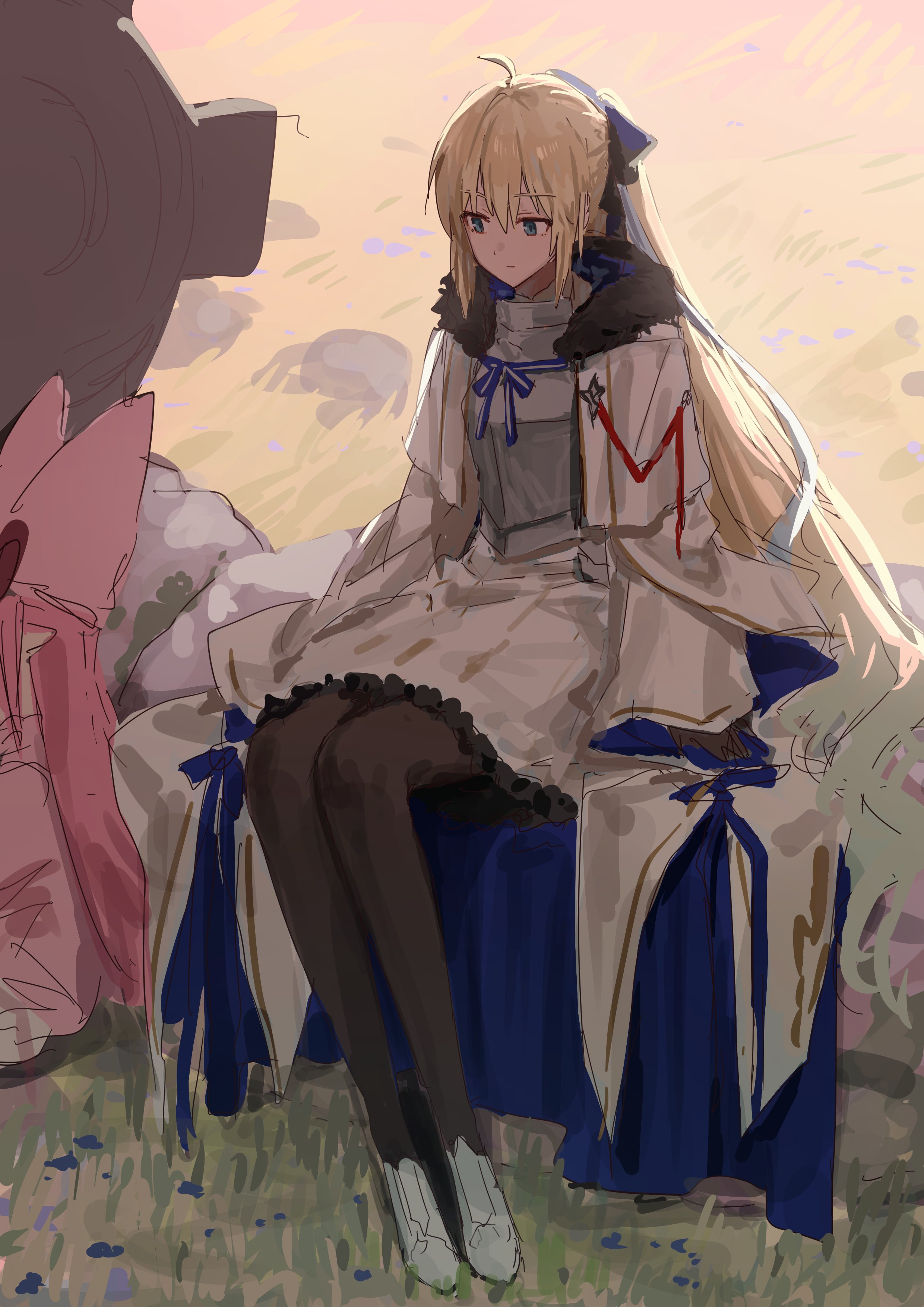 aesc (fate), aesc (savior) (fate), habetrot (fate), fate/grand order, fate (series), absurdres, highres, 2girls, ahoge, armor, black bow, black pantyhose, blonde hair, blue eyes, bow, breastplate, dress, fgo gwa, hair bow, hat, high heels, long hair, looking at another, multiple girls, pantyhose, pink hat, white dress