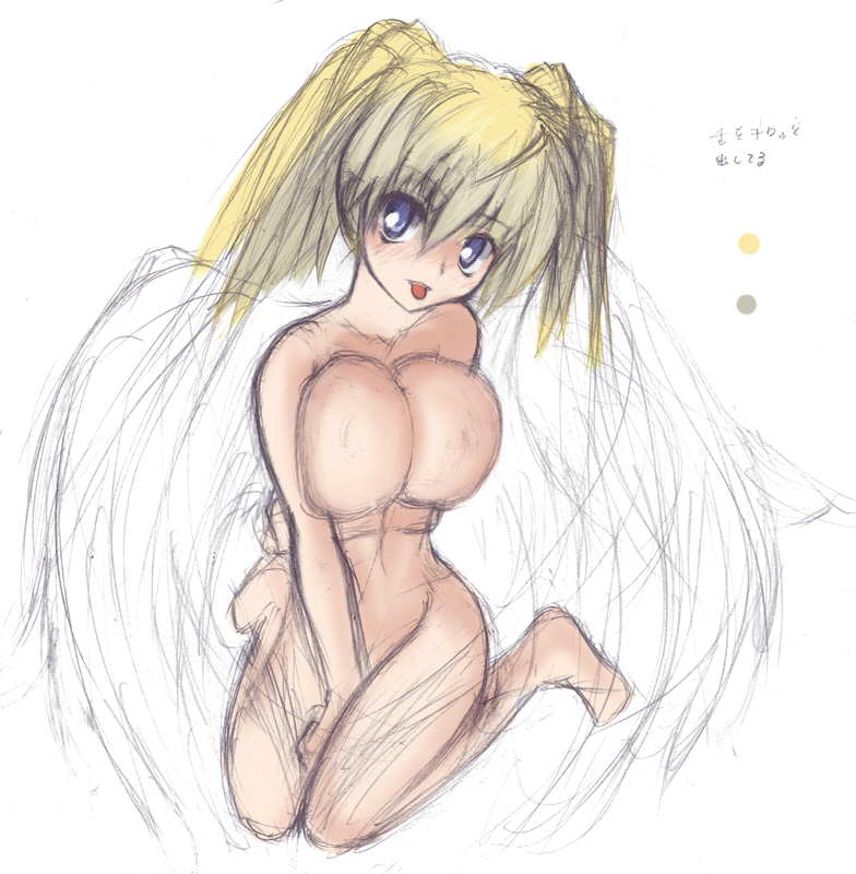 chutona, original, breast hold, bad id, bad pixiv id, :p, blonde hair, blue eyes, breasts, huge breasts, nude, sitting, sketch, solo, tongue, tongue out, twintails, wings