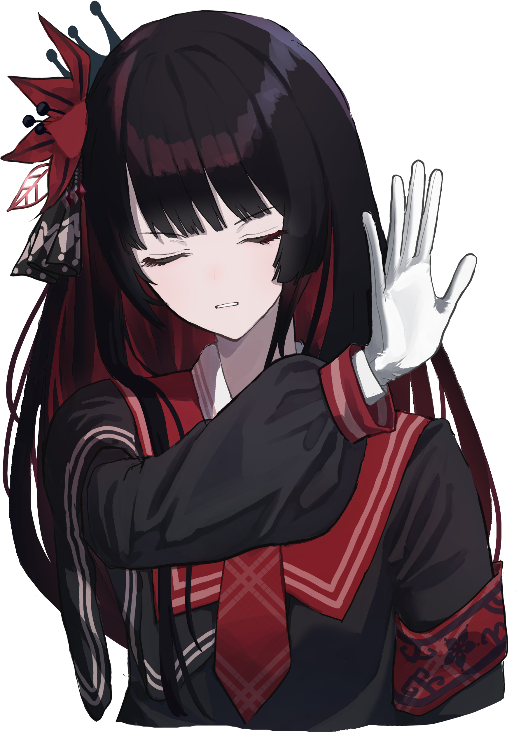 rojiurao, nikaido hiro, mahou shoujo no majo saiban, absurdres, commentary request, highres, translated, 1girl, armband, black hair, blunt bangs, closed eyes, collared shirt, crown, facing viewer, flower, gloves, hair flower, hair ornament, hand up, long hair, long sleeves, magical girl, necktie, red armband, red flower, red necktie, red sailor collar, sailor collar, shirt, simple background, solo, transparent background, upper body, white gloves