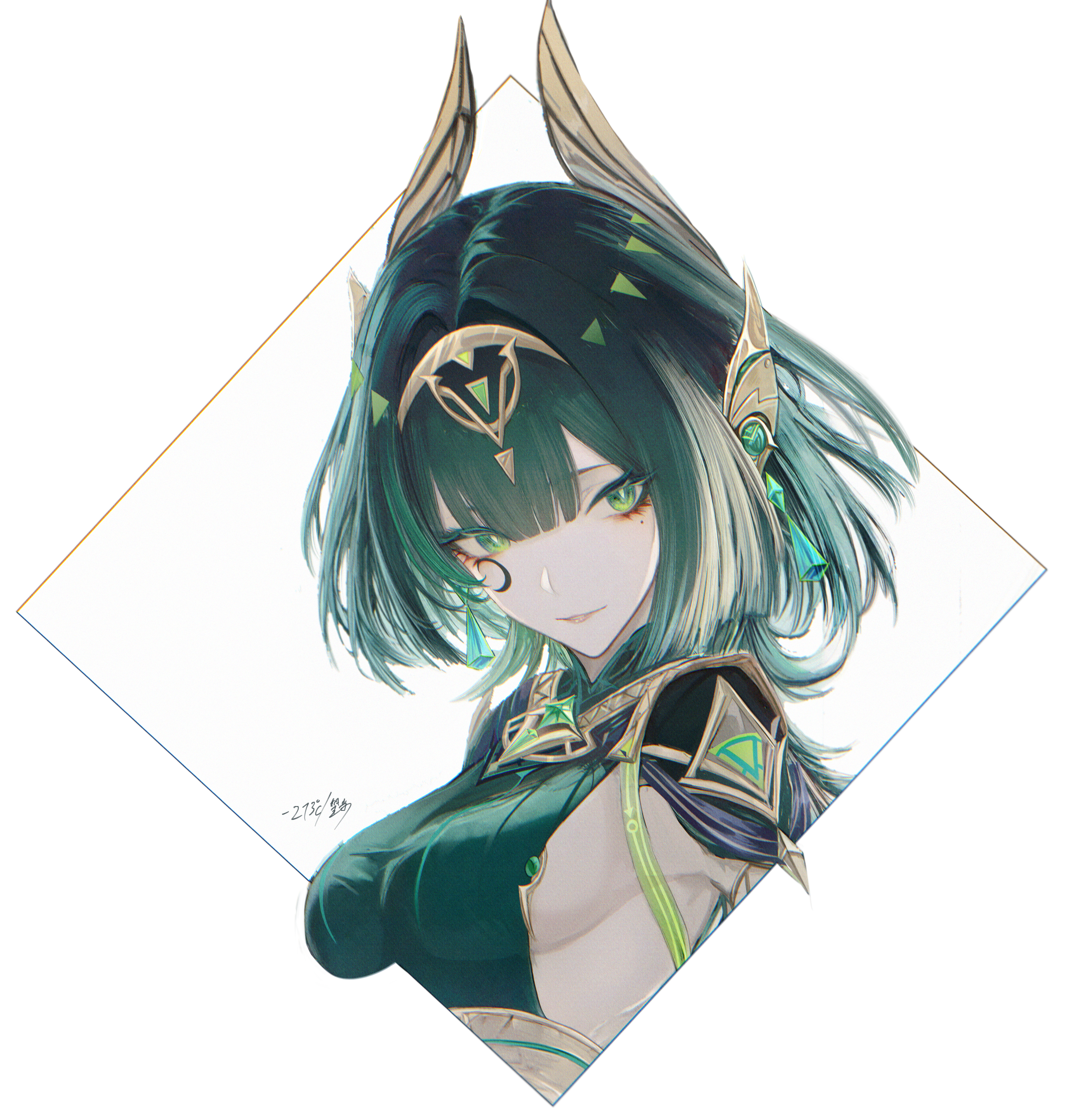 renoahh, nefer (genshin impact), genshin impact, absurdres, highres, 1girl, breasts, gem, green eyes, green gemstone, green hair, green shirt, headpiece, looking at viewer, mark under eye, medium breasts, mole, mole under eye, outside border, parted lips, shirt, short hair, sideboob, solo, symbol-shaped pupils, triangle-shaped pupils, white background