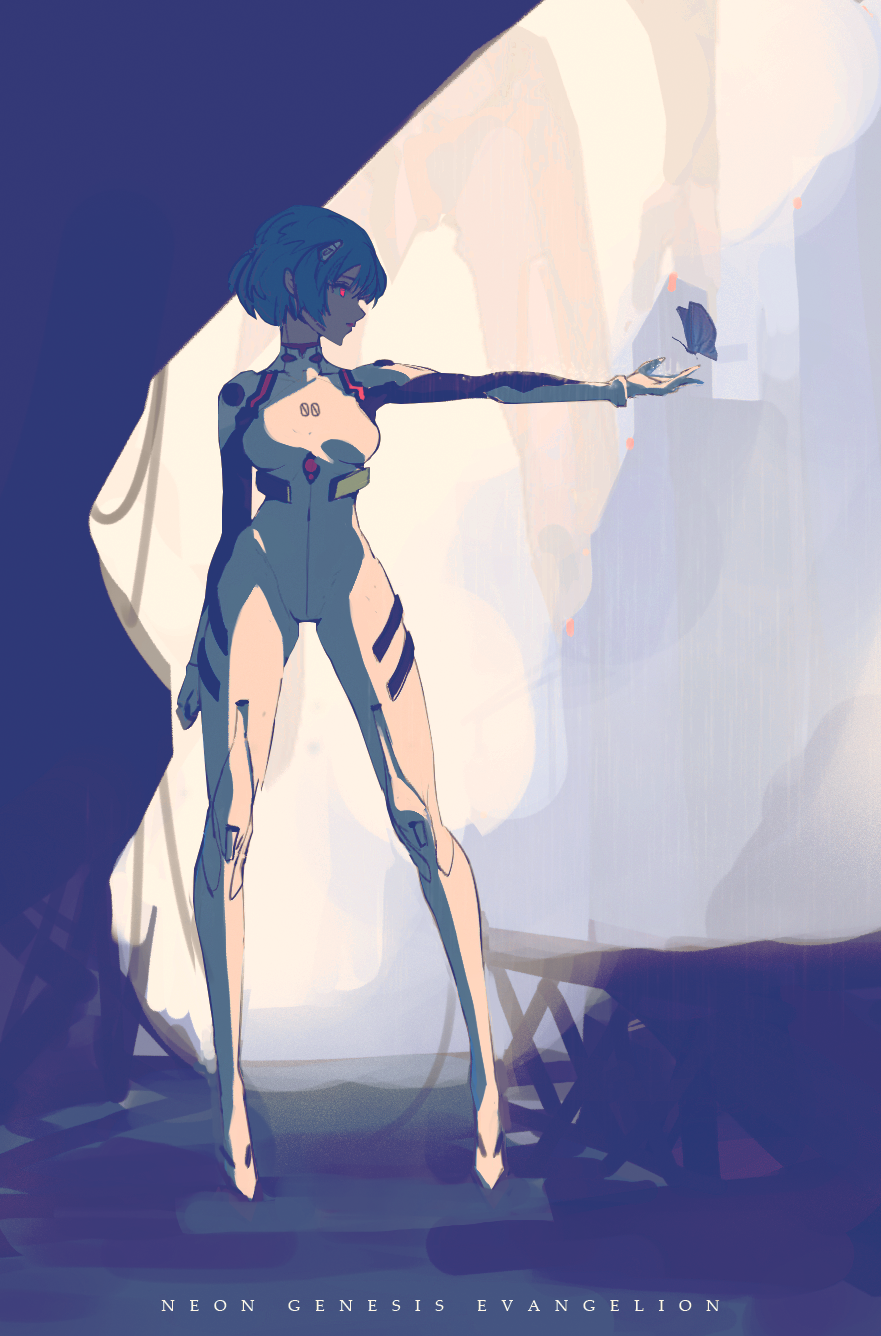 redooo, ayanami rei, neon genesis evangelion, highres, 1girl, blue hair, bodysuit, breasts, bug, butterfly, copyright name, full body, glowing, glowing eyes, insect, interface headset (evangelion), mecha pilot suit, plugsuit (evangelion), red eyes, short hair, solo, standing, white bodysuit