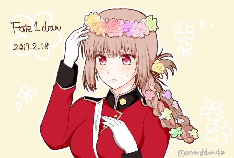 srnk, florence nightingale (fate), fate/grand order, fate (series), 1girl, braid, braided hair rings, breasts, brown hair, closed mouth, dated, flower, flower wreath, hair flower, hair ornament, hair rings, light blush, medium breasts, medium hair, pink eyes, sweatdrop, traffic light, upper body