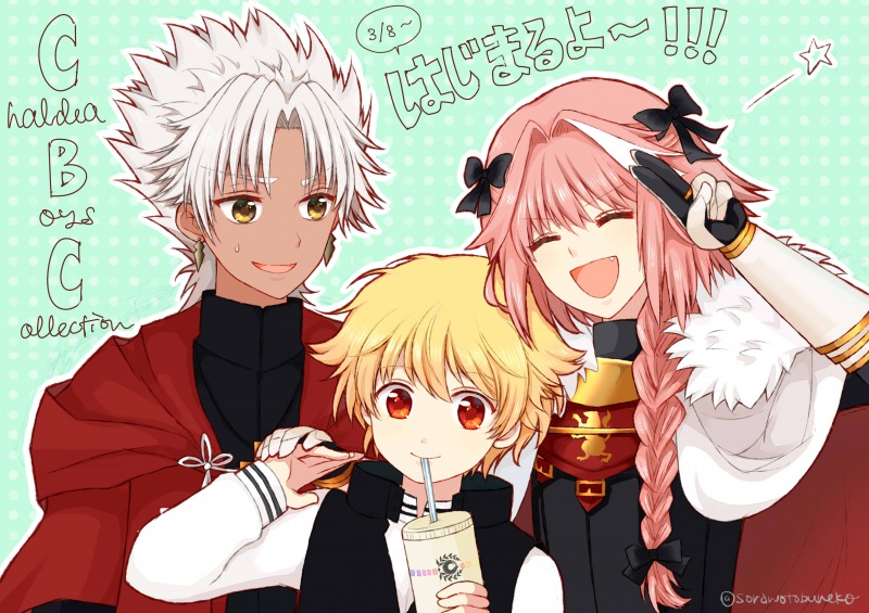 sorawotobuneko, srnk, amakusa shirou (fate), astolfo (fate), child gilgamesh (fate), gilgamesh (fate), fate/apocrypha, fate/grand order, fate/kaleid liner prisma illya, fate (series), bad id, bad twitter id, 3boys, :d, ^ ^, blonde hair, blush, braid, cape, chaldea boys collection, closed eyes, dark-skinned male, dark skin, gloves, long hair, looking at viewer, male focus, multiple boys, open mouth, pink hair, purple eyes, red eyes, short hair, single braid, smile, sweat, trap, twitter username, v, white hair