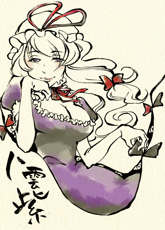 shou shishi, yakumo yukari, touhou, 1girl, blonde hair, bow, breasts, cleavage, female focus, hair bow, hat, large breasts, long hair, looking at viewer, low-tied long hair, mob cap, puffy short sleeves, puffy sleeves, purple eyes, red bow, short sleeves, simple background, smirk, solo, upper body, yellow background
