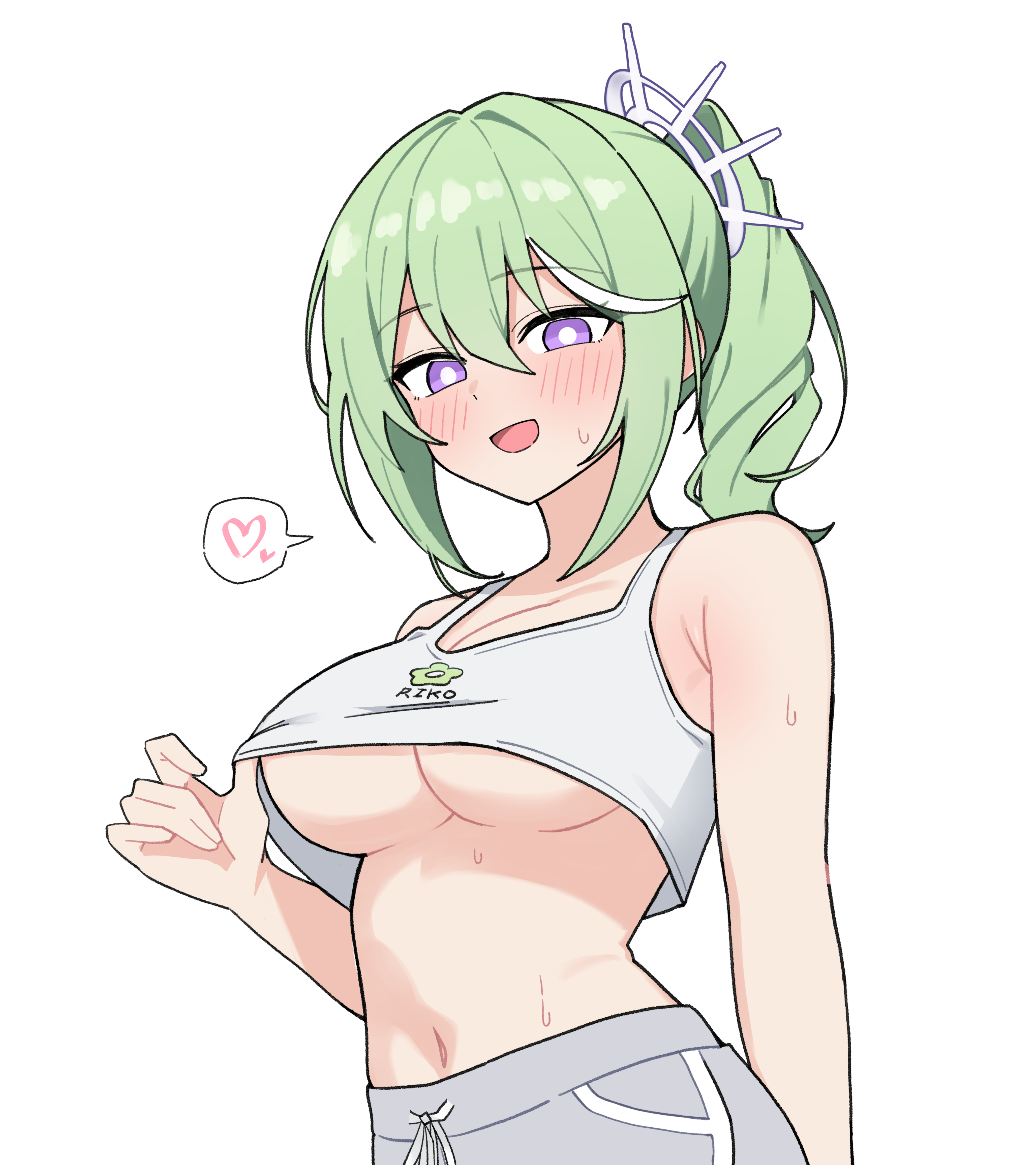 yuzuha riko, stellive, absurdres, commentary request, highres, korean commentary, 1girl, blush, breasts, bright pupils, camisole, character name, crop top, crop top overhang, green hair, grey shorts, hair between eyes, heart, large breasts, long bangs, looking at viewer, medium hair, nal muck, navel, no bra, open mouth, ponytail, print camisole, purple eyes, shorts, simple background, smile, solo, speech bubble, spoken heart, stomach, sweat, underboob, upper body, virtual youtuber, white background, white camisole, white pupils